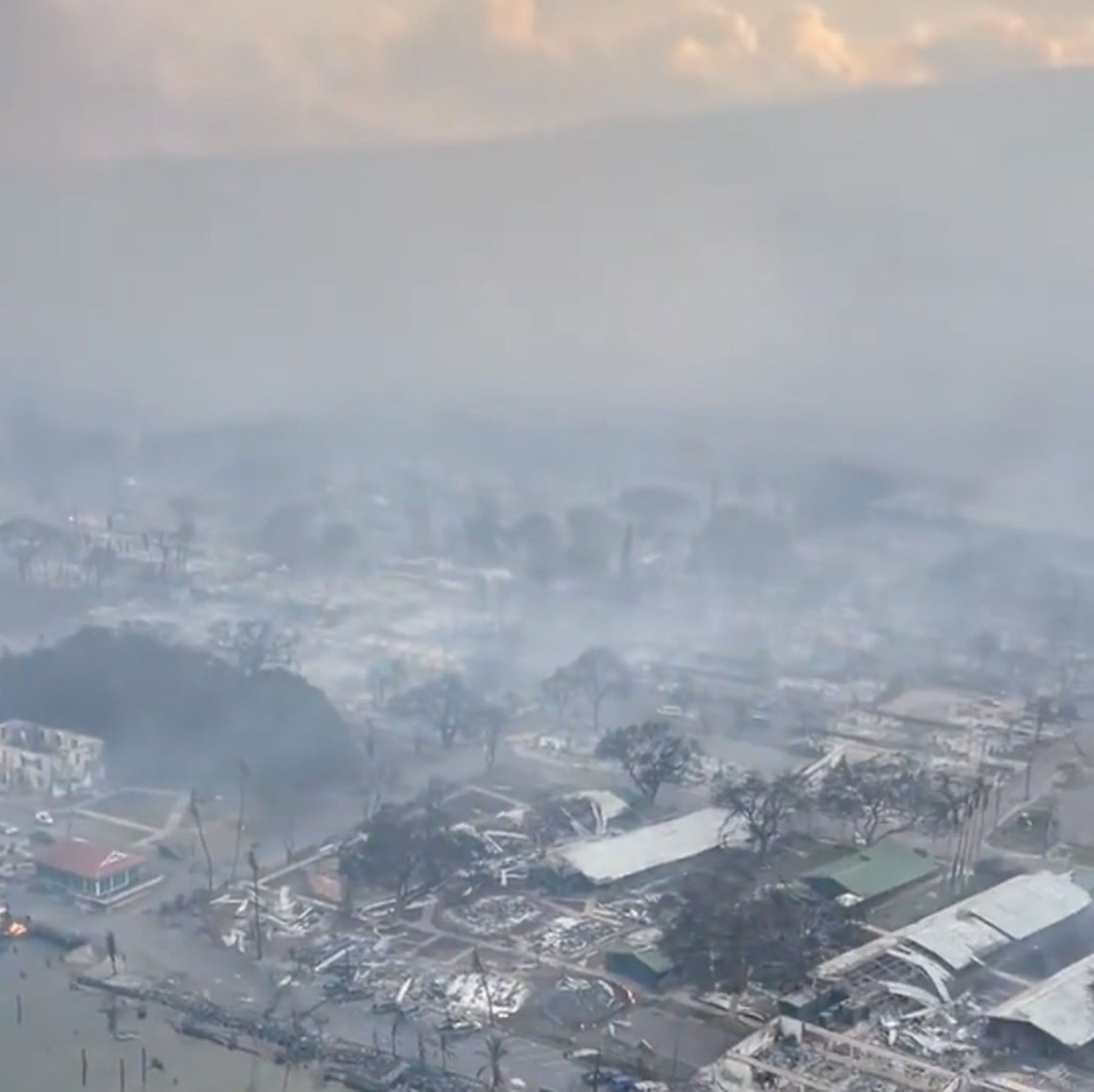 A screenshot showing an aerial view of the devastation from a wildfire in the historic Lahaina town, Hawaii.