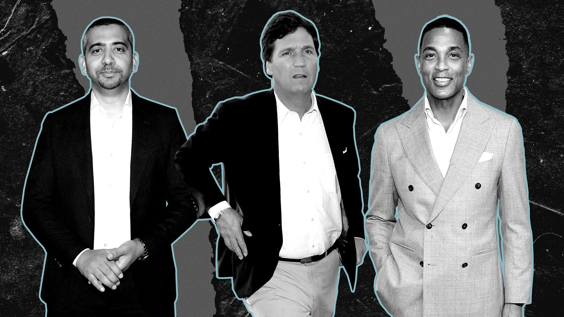 Photo illustration of Mehdi Hasan, Tucker Carlson, and Don Lemon in front of torn pieces of paper.
