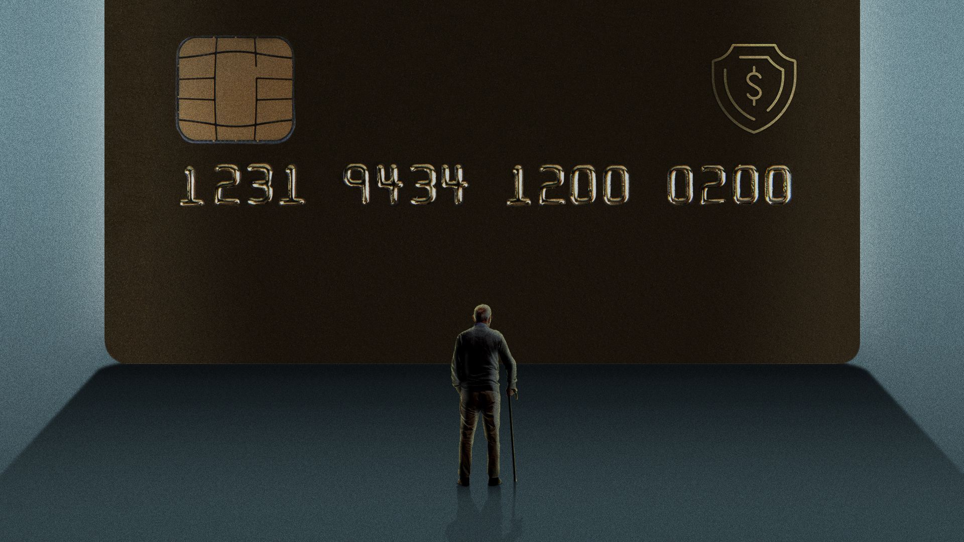 Illustration of an old man with a debit card looming over him. 