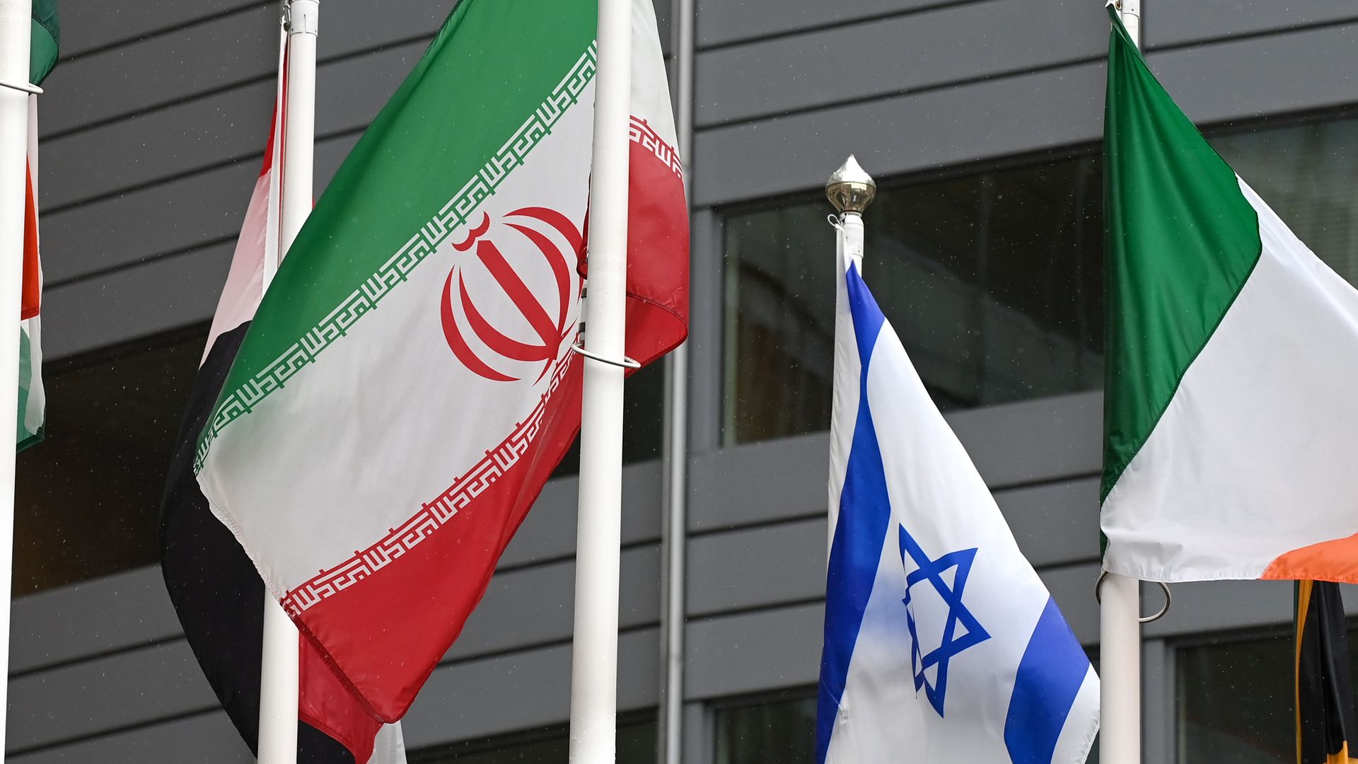 The flags of Iran and Israel outside the IAEA headquarters in Vienna, Austria, in May 2021. 