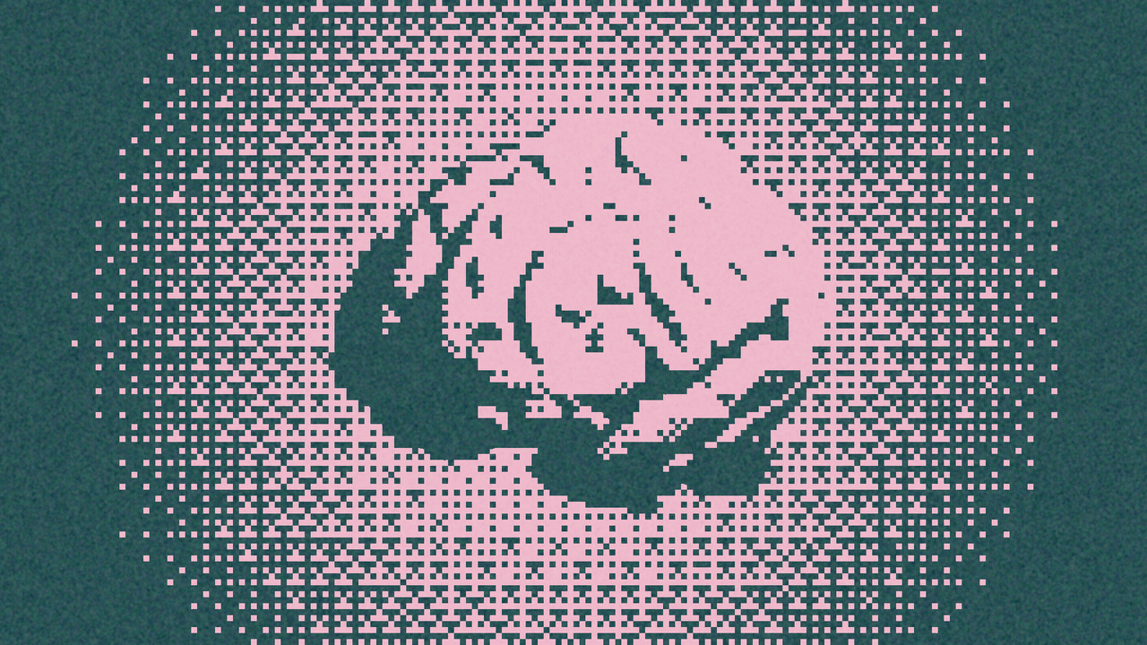 Animated illustration of a spinning brain rendered in a digital bitmap style.