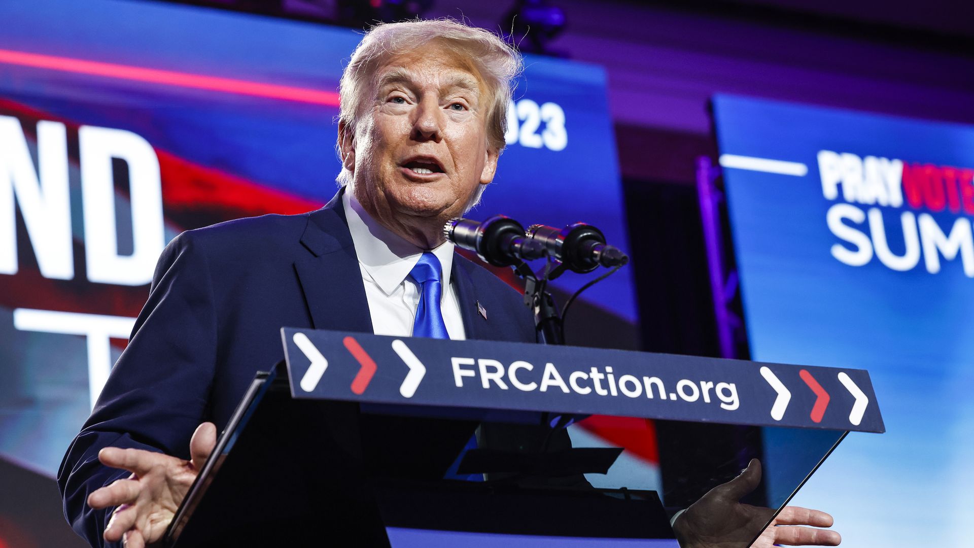 Republican presidential candidate, former President Donald Trump speaks at the Pray Vote Stand Summit at the Omni Shoreham Hotel on September 15, 2023 in Washington, DC. 
