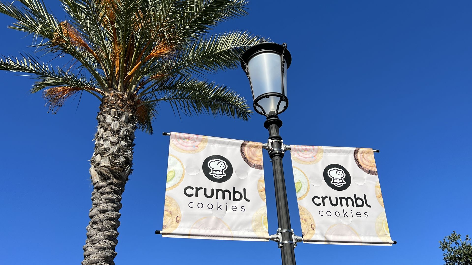 Signs for Crumbl cookies beside a palm tree at Veranda shopping center in Concord, California.