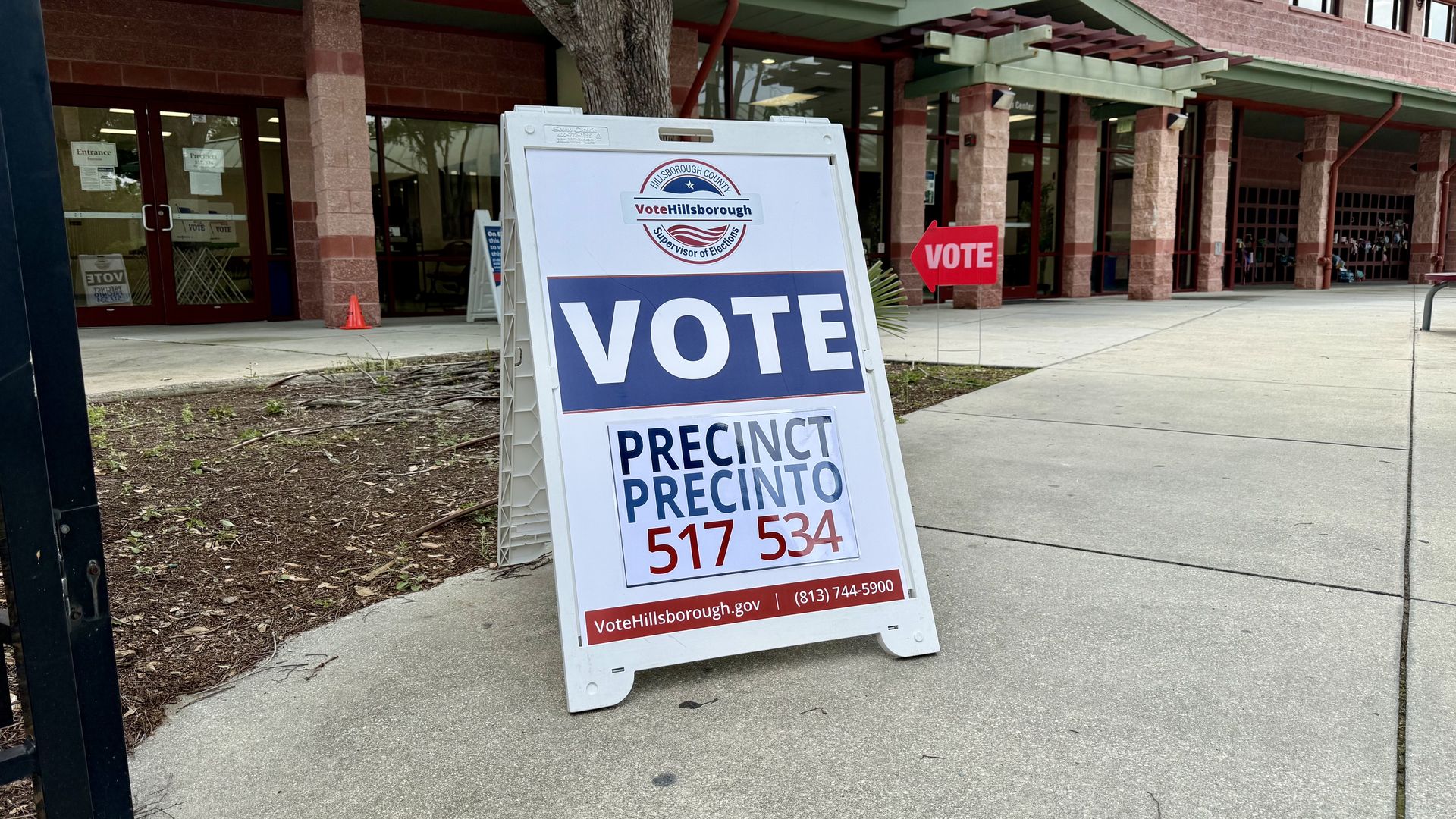 A portable election sign on a sidewalk reads VOTE with PRECINCT 517 534 in blue and red; background shows a brick building with glass doors and a red VOTE arrow sign.