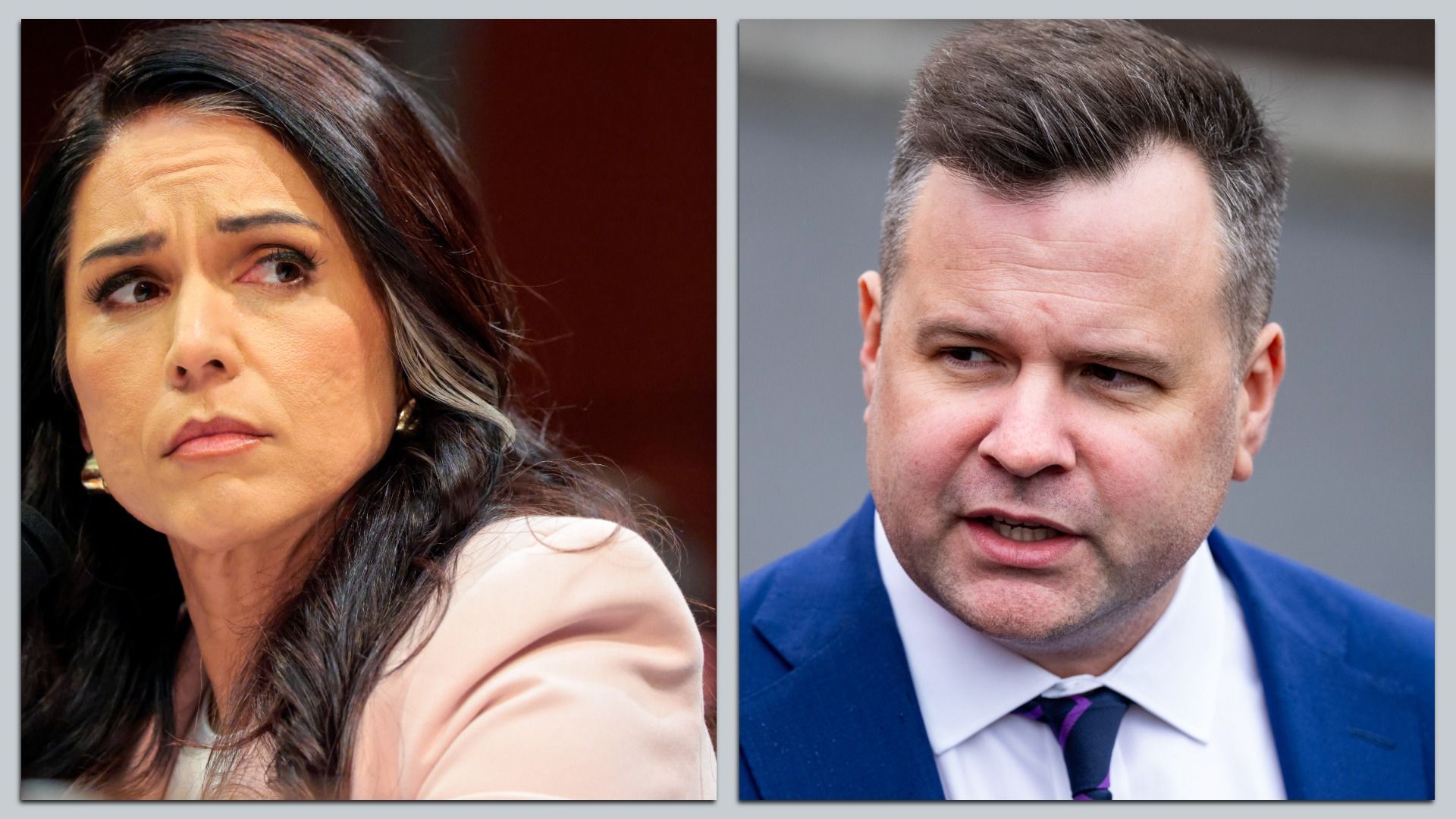 Split screen photos of Tulsi Gabbard and Bill Pulte