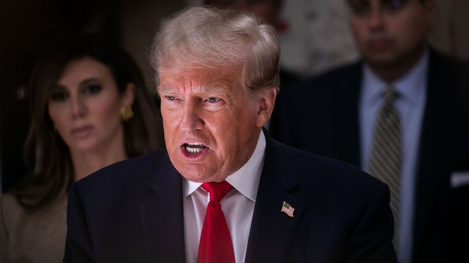Former President Trump speaking in a courthouse in New York on Oct. 4.