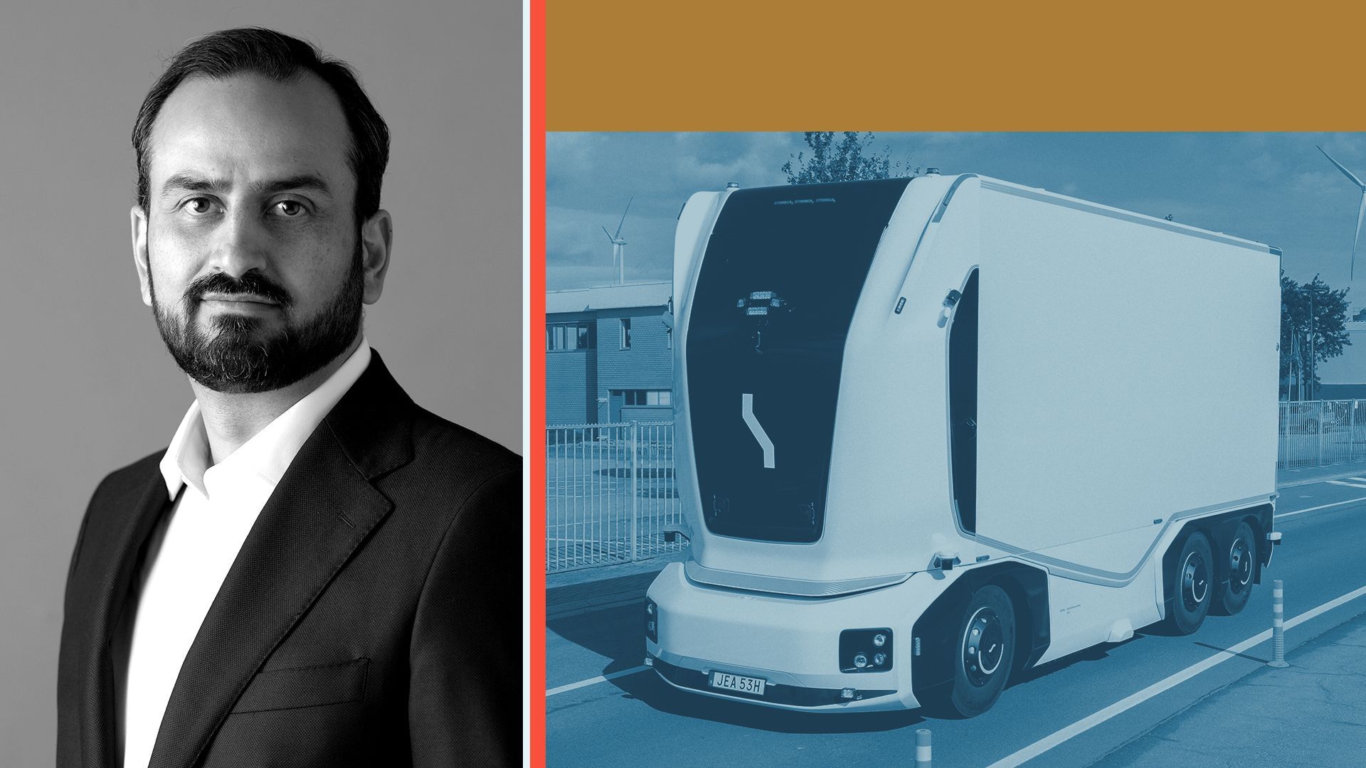 Photo illustration of Roozbeh Charli next to colorful rectangles and a photo of a Einride self-driving truck.