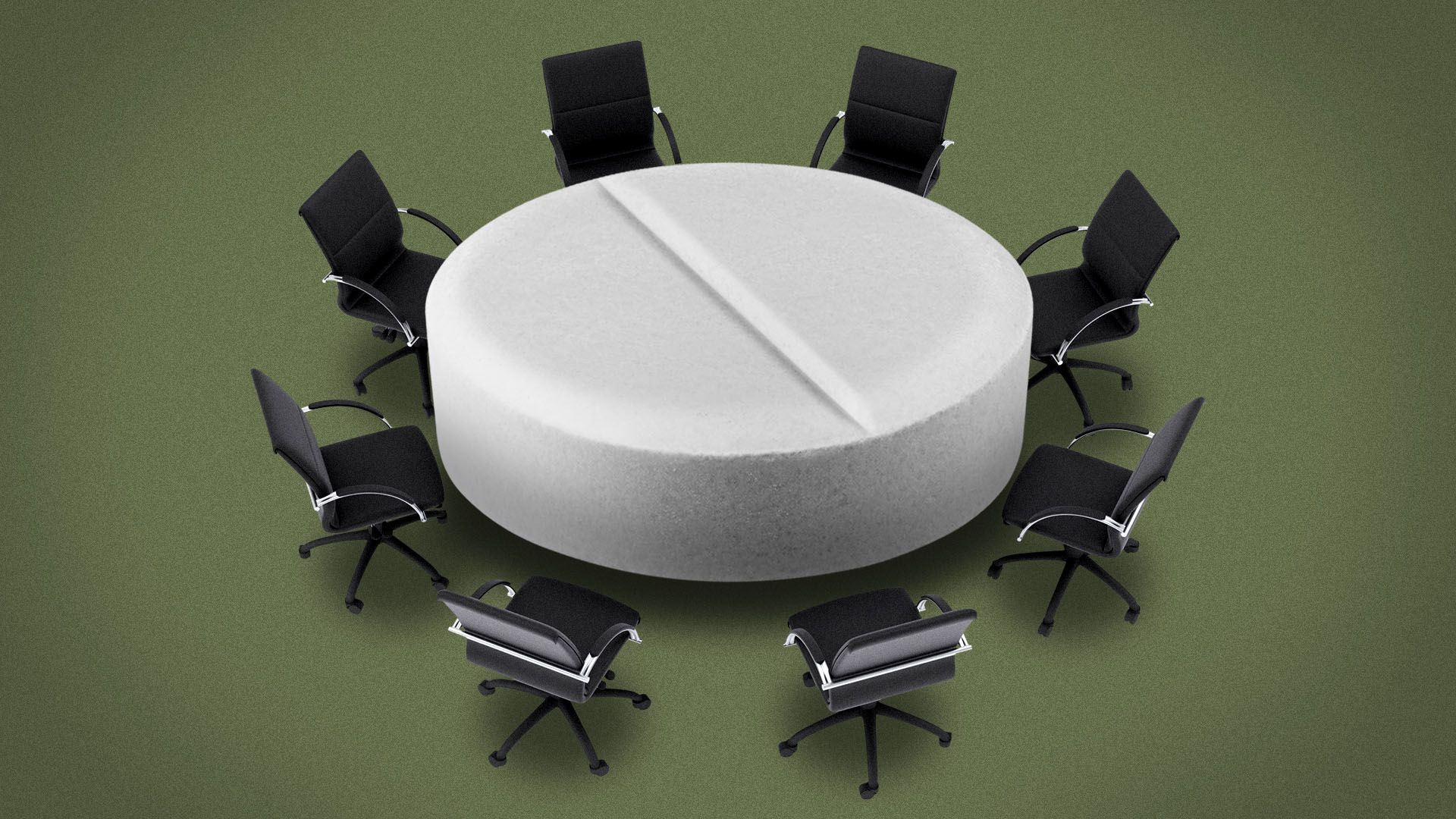Illustration of office chairs around a large white round pill on a green background.