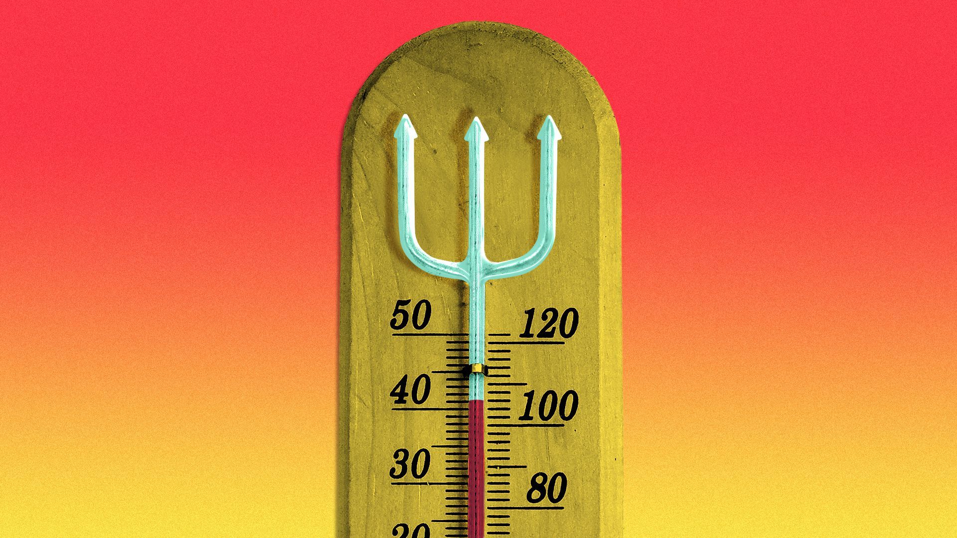Illustration of a thermometer shaped like a devil's pitchfork, reading over 100 degrees.