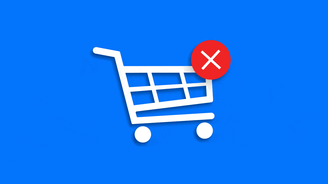 Illustration of a shaking shopping cart icon with an X as if about to be deleted.