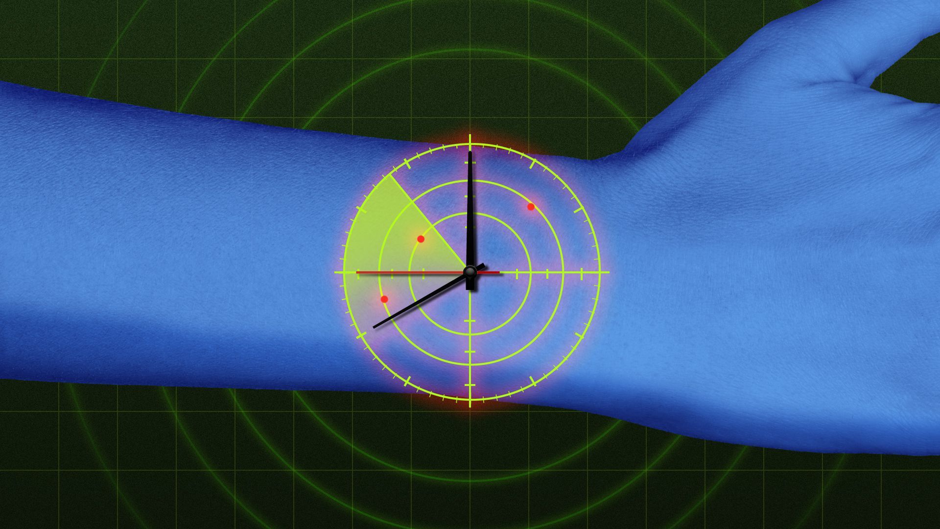 Illustration of a radar-like watch on a writst