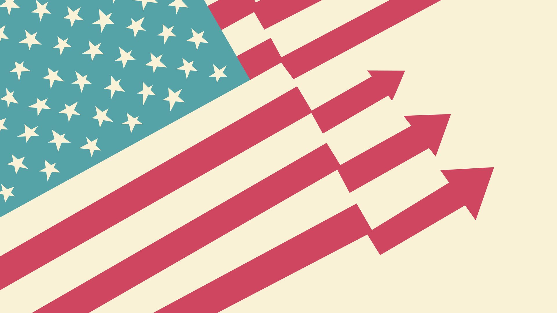 Illustration of an American flag with three of the stripes doubling as upward trending chart lines.