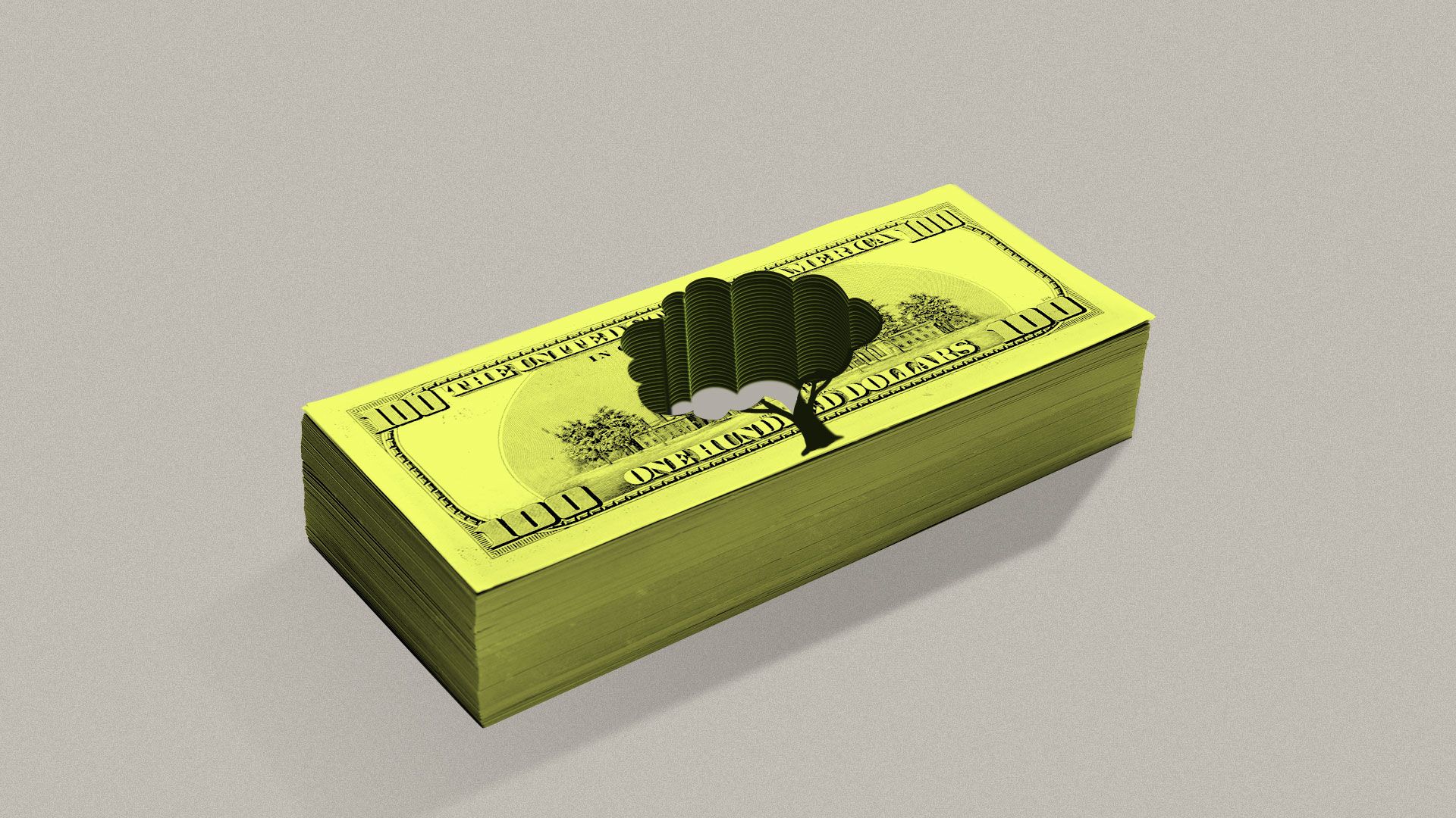 Illustration of stack of 100 dollar bills with a cut-out tree.