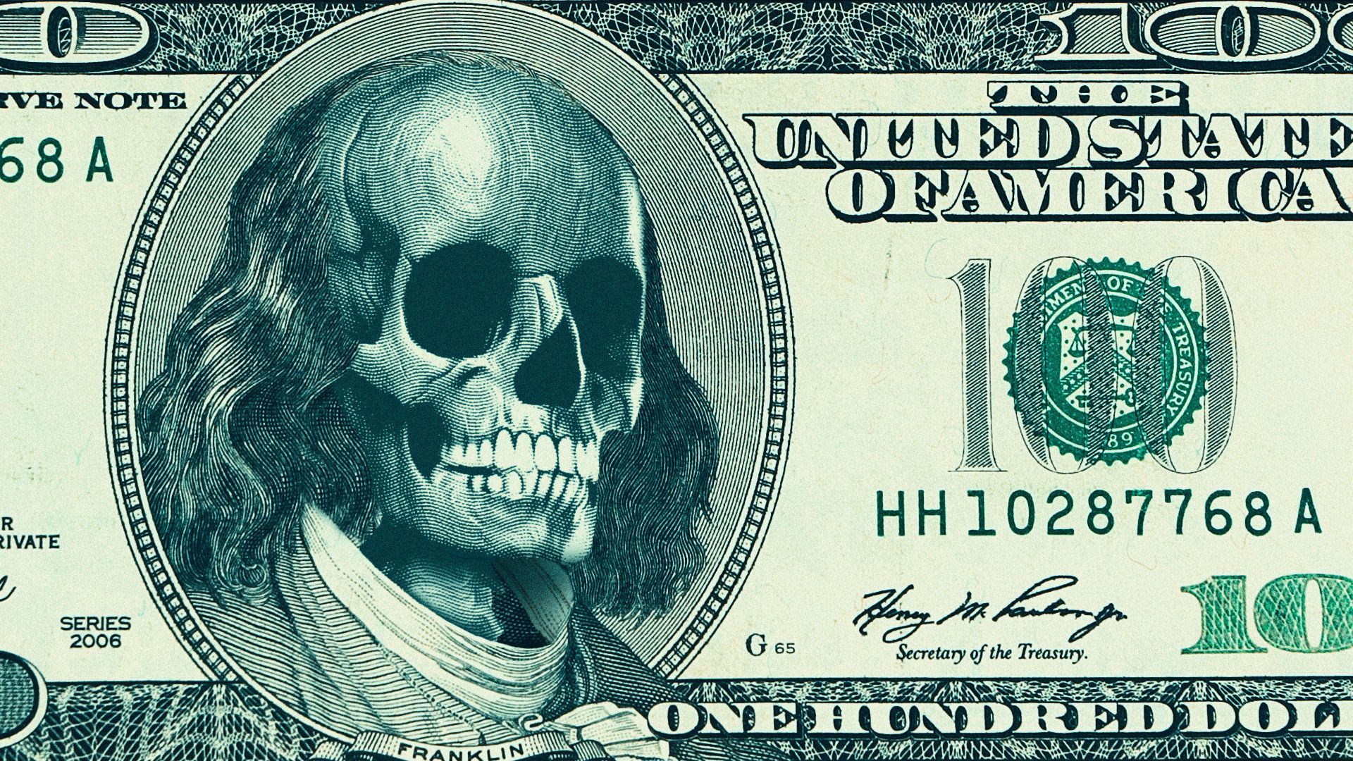 Illustration of a close up of a hundred dollar bill with Benjamin Franklin as a skeleton. 