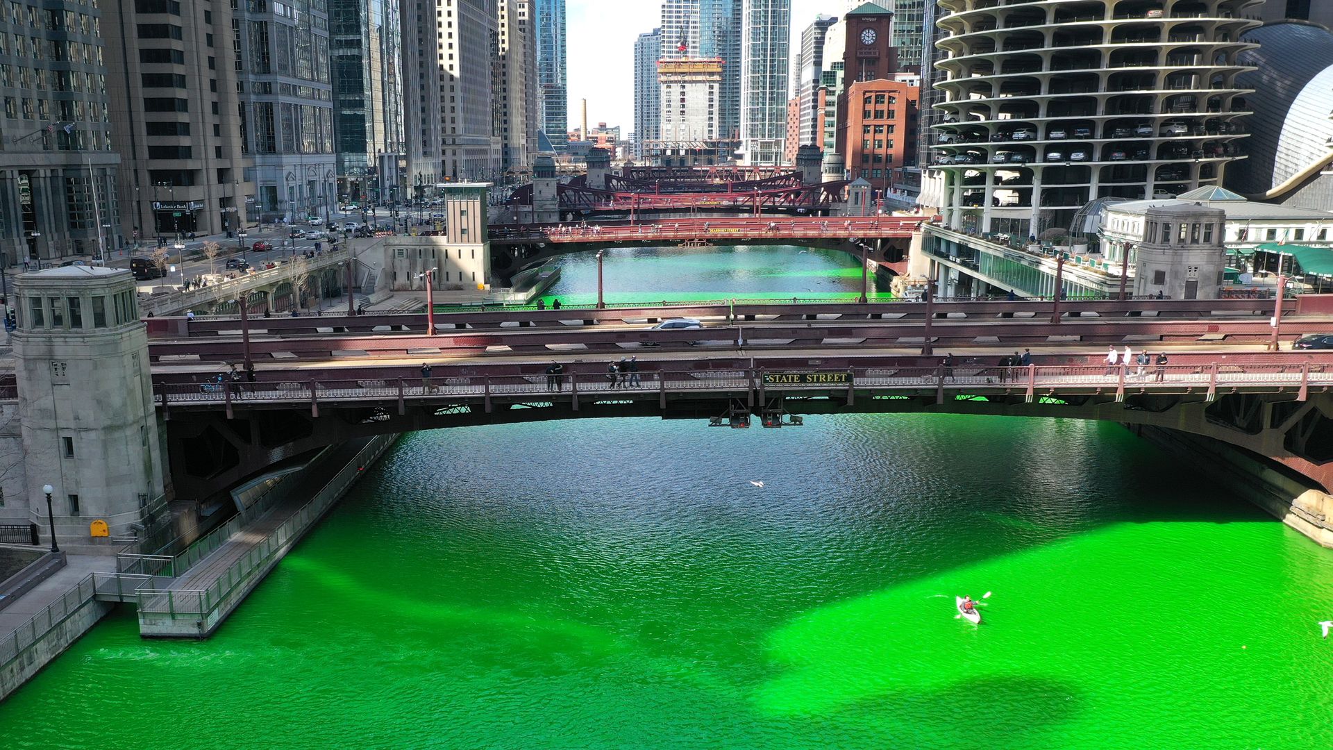 An aerial picture shot with a drone shows the Chicago River as it flows through downtown after it was dyed green in celebration of St. Patrick's Day.