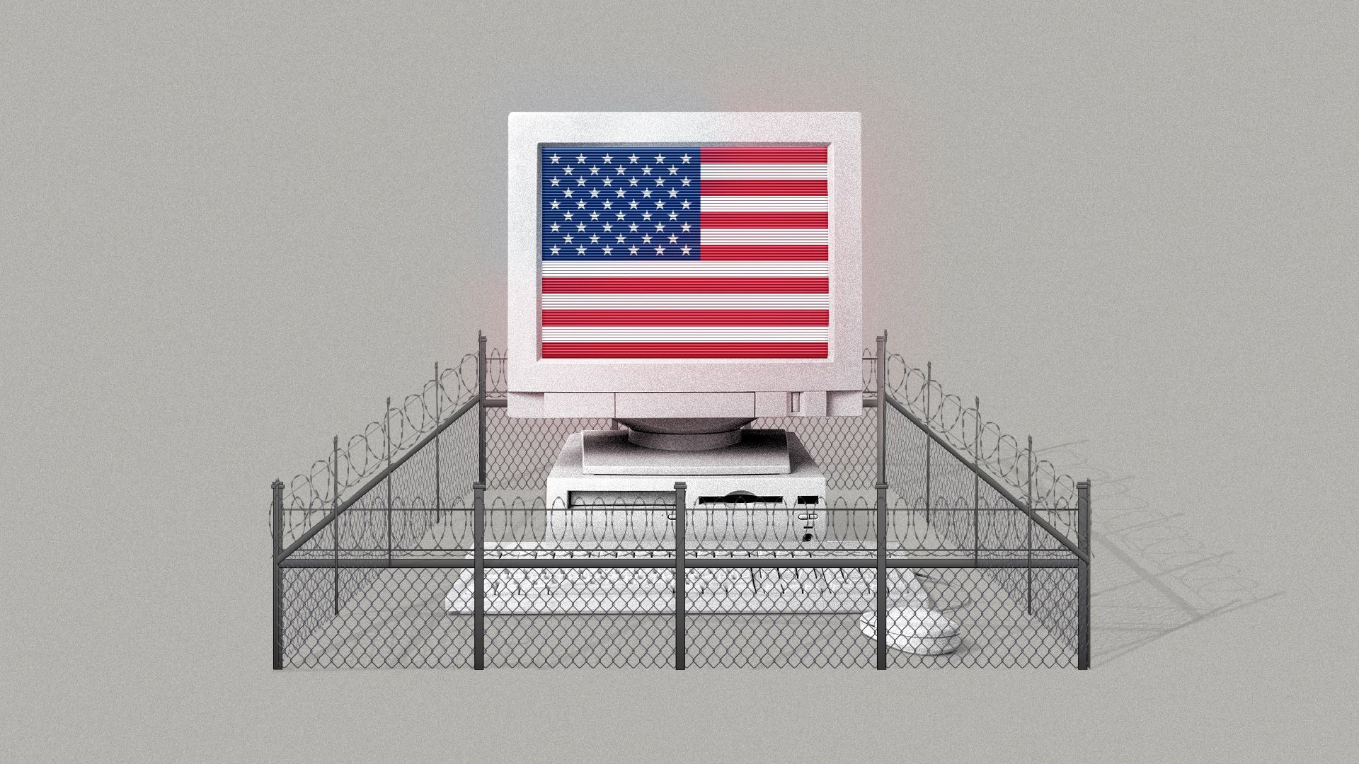 Illustration of a computer with an American flag on the screen surrounded by barbed wire. 