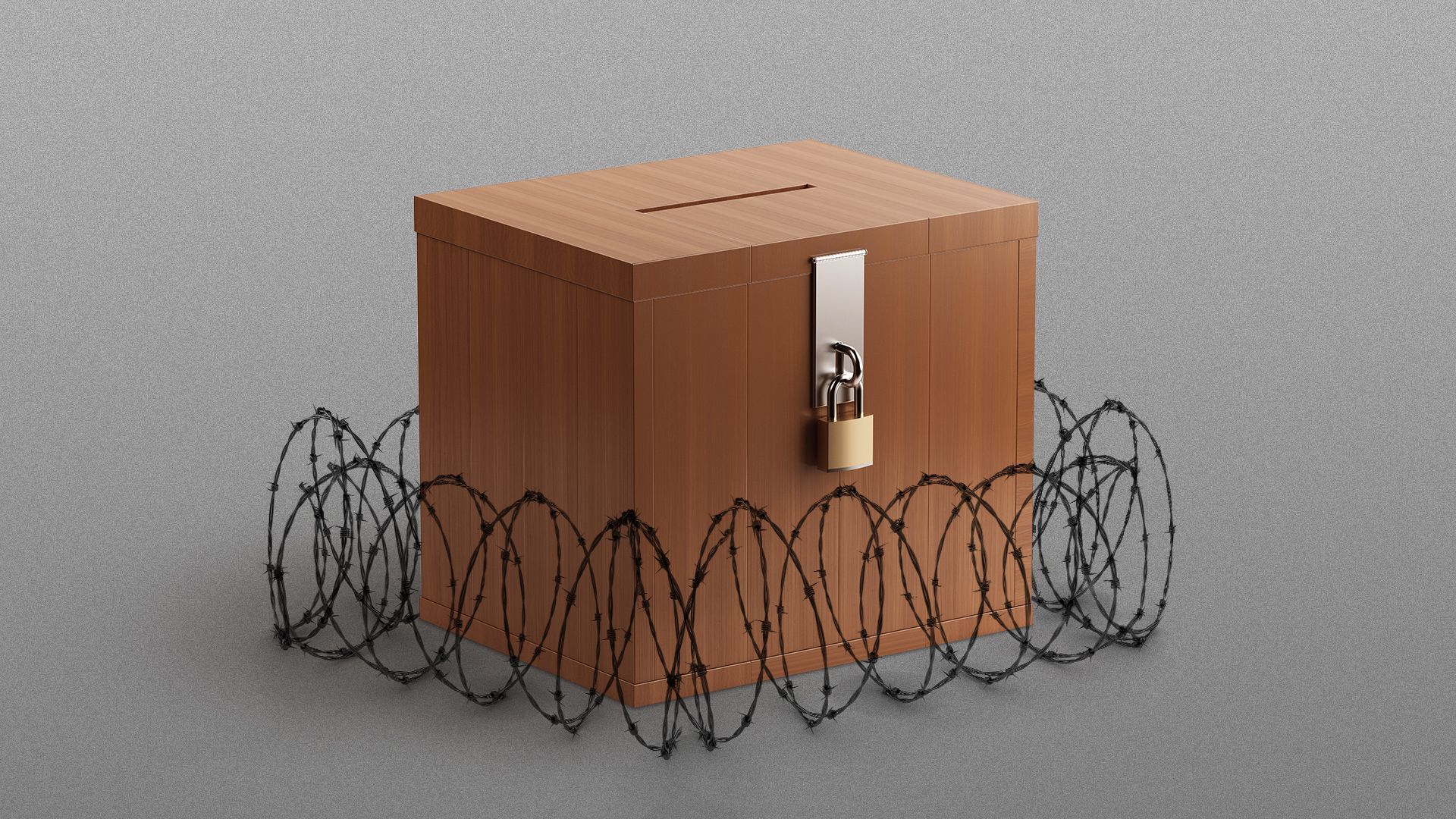 Illustration of a ballot box surrounded by barbed wire. 