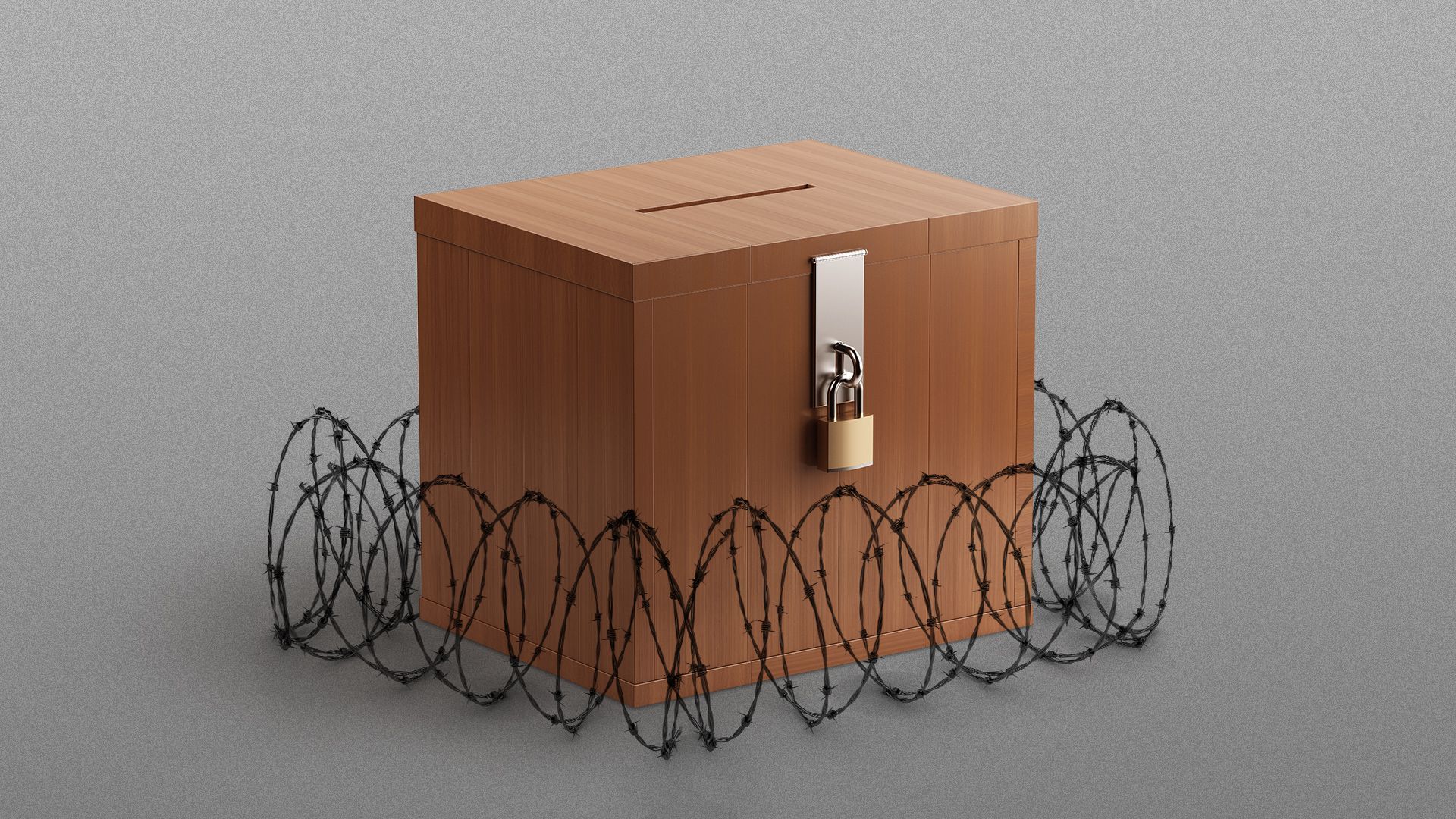 Illustration of a ballot box surrounded by barbed wire.