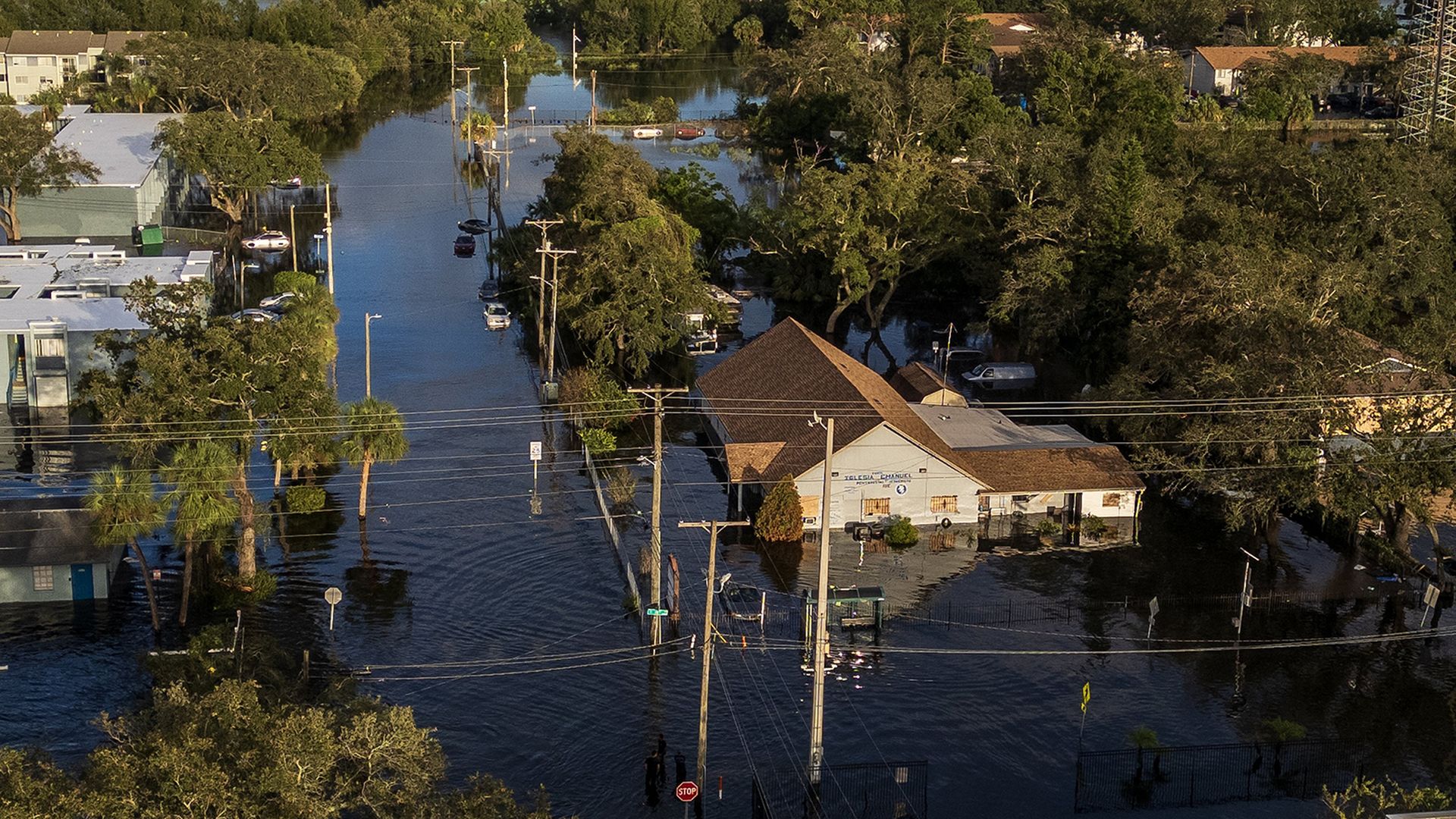 An aerial view of a neighborhood in North Tampa after Hurricane Milton made landfall.