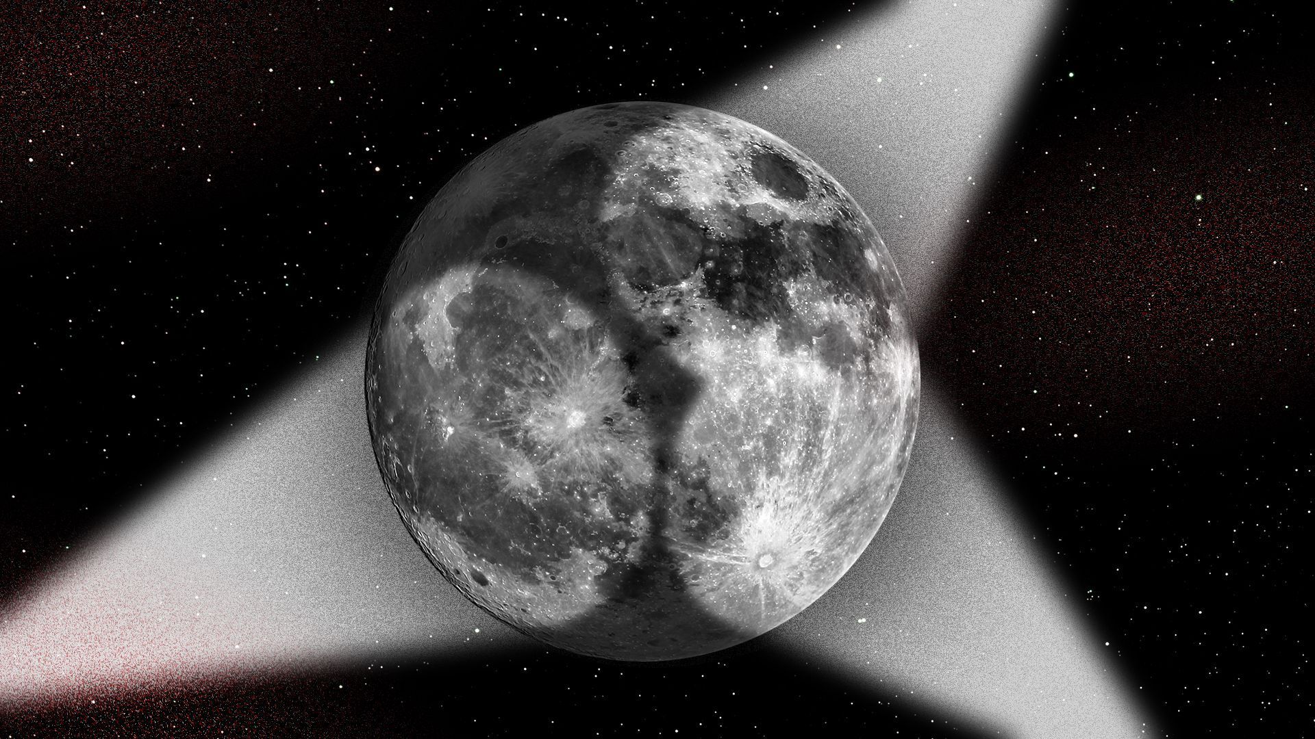 An illustration showing three spotlights shining on the moon.