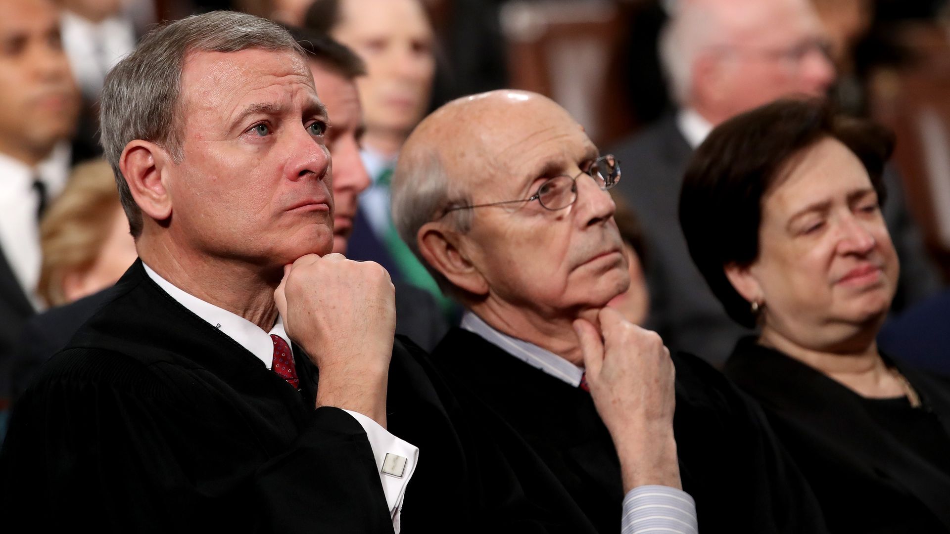 Supreme Court Chief Justice John Roberts sits with Justices Stephen Breyer and Elena Kagan at the 2018 State of the Union
