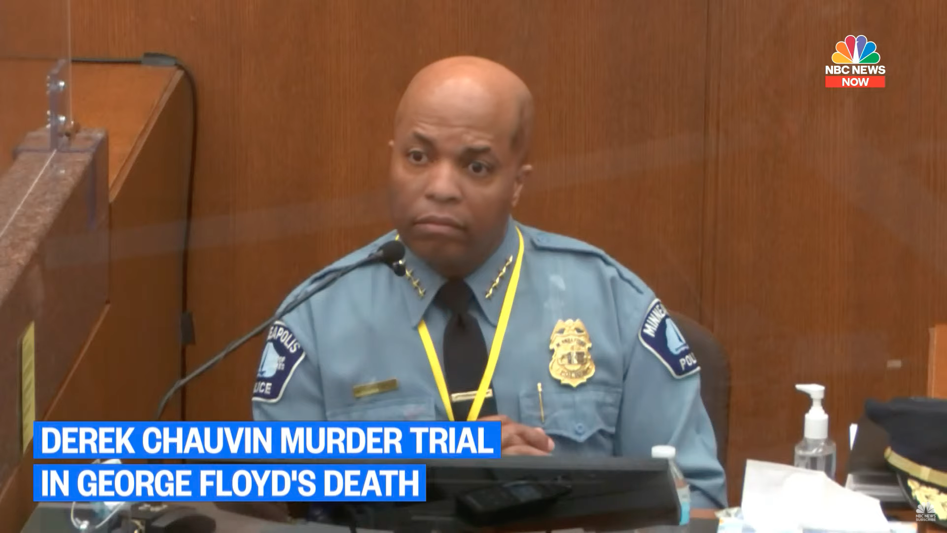 Screenshot of an NBC News channel broadcasting the Derek Chauvin trial, which shows the police chief sitting as he's being questioned