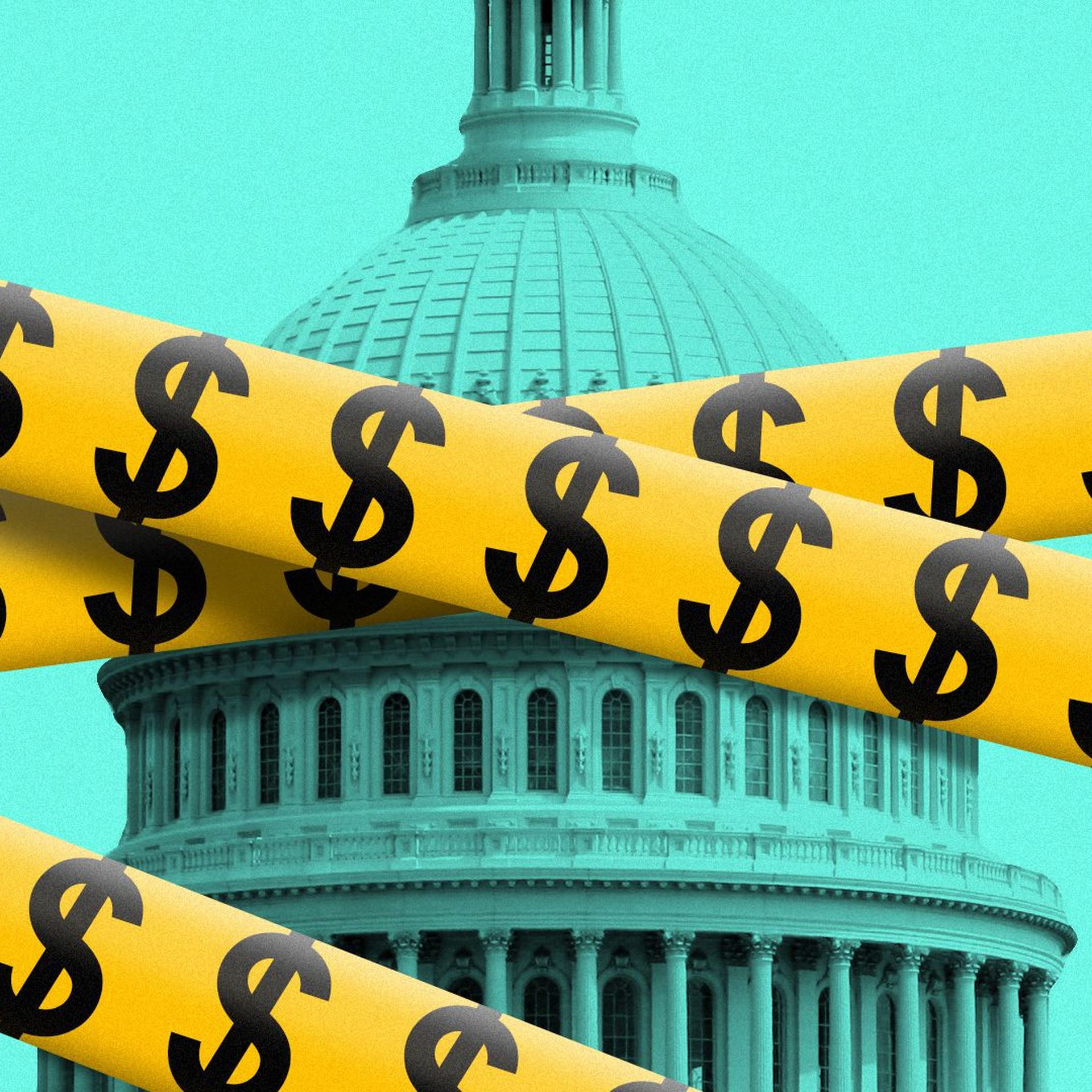 Illustration of caution tape with dollar signs on it covering the Capitol Dome