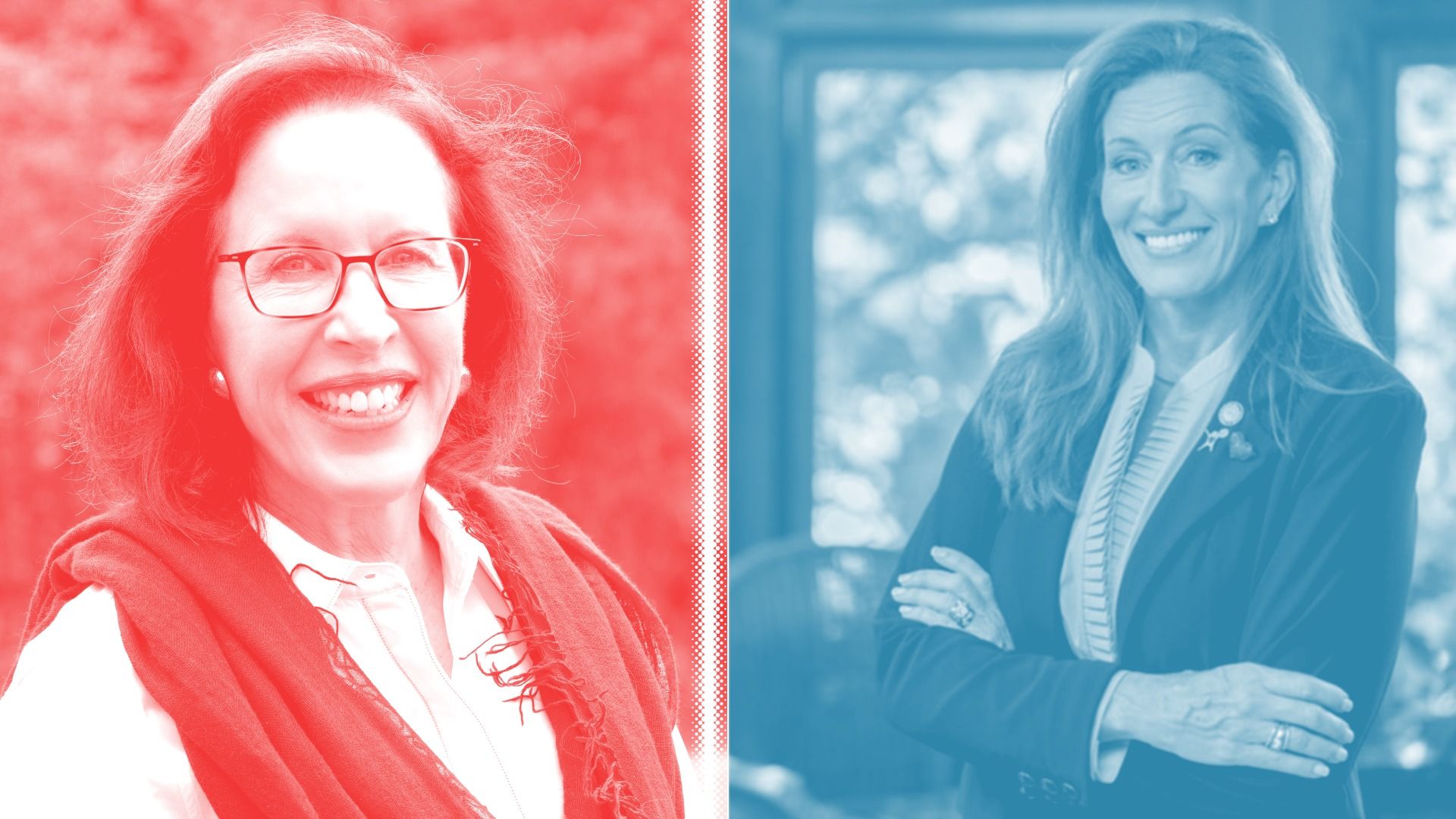 Split image of two smiling women: left panel tinted red, wearing glasses and a scarf outdoors; right panel tinted blue, in a blazer with a lanyard indoors near a window.