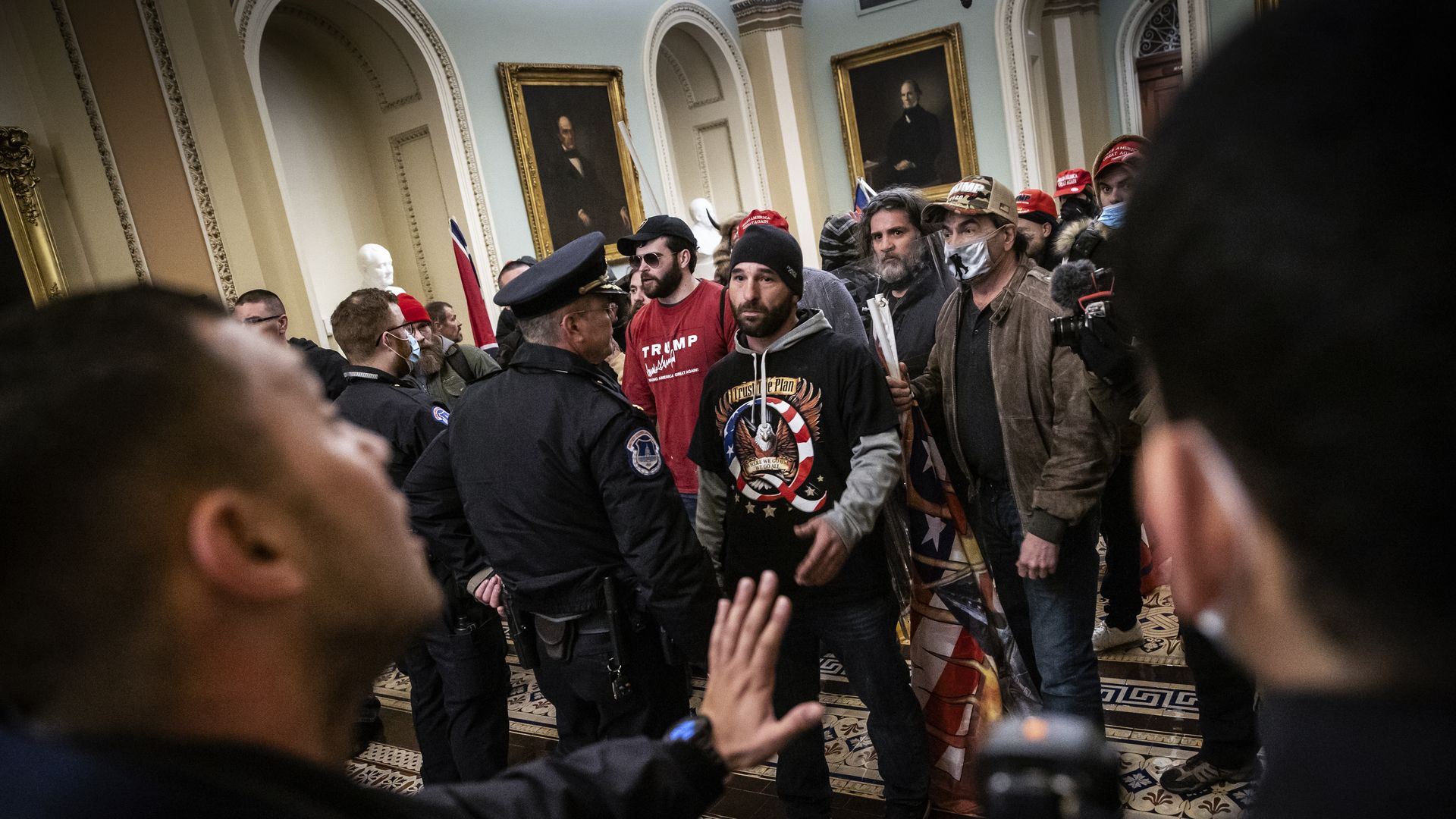 Protesters interact with Capitol Police inside the U.S. Capitol Building on January 06, 2021 in Washington, DC