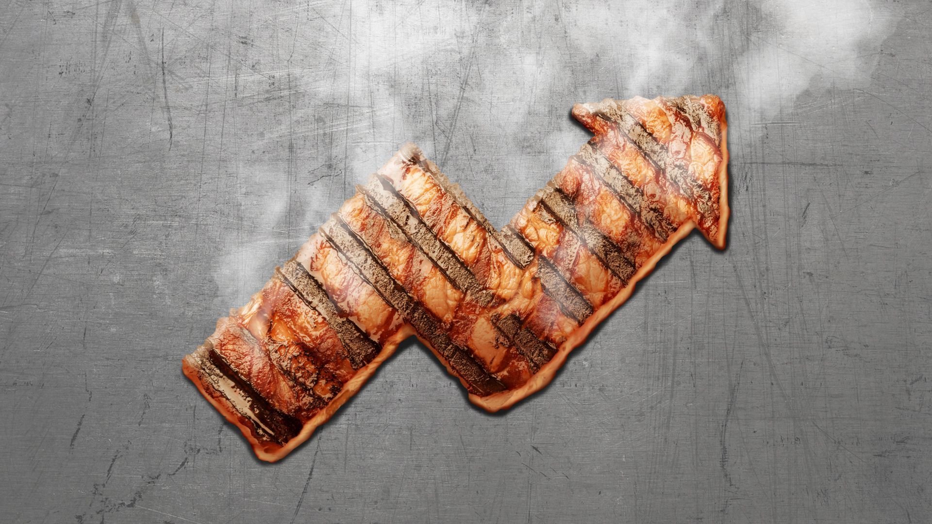 Illustration of a piece of steak on a flat top grill in the shape of an upward trend line