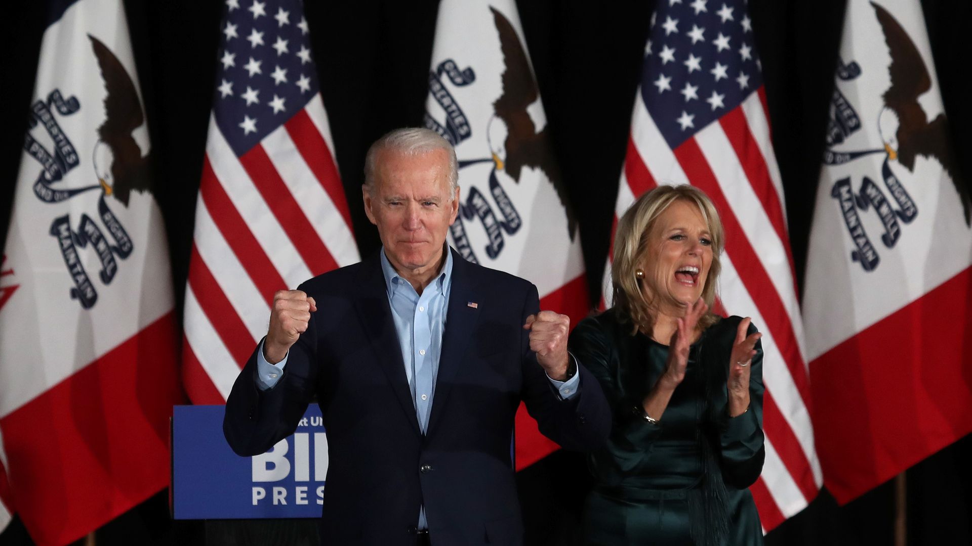 Former Vice President Joe Biden takes the stage to address supporters with his wife Dr. Jill Biden during his caucus night watch party on February 03, 2020 in Des Moines