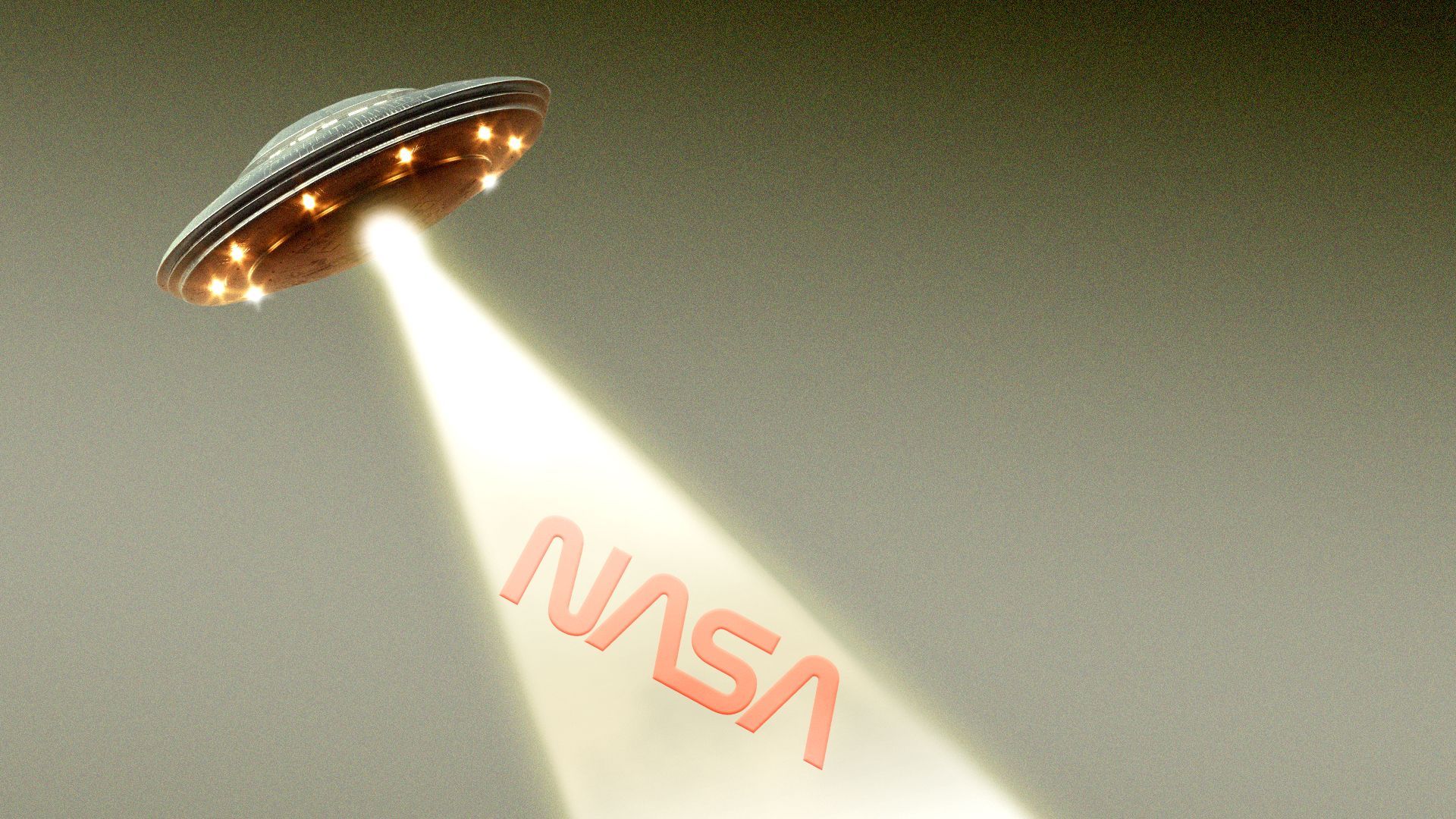 Illustration of a UFO lifting the NASA logo upward with a beam of light