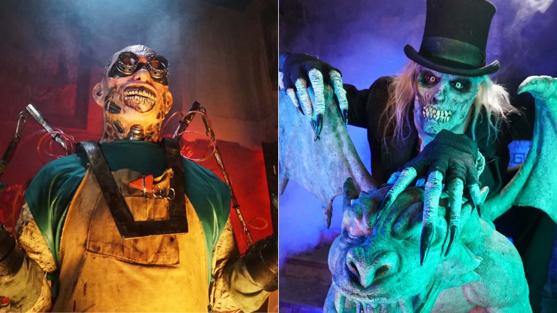 Split image showing two horror characters: left a grotesque figure with goggles, a scarred face, and a stained apron; right a blue-green zombie with a top hat, long clawed fingers, and menacing teeth.