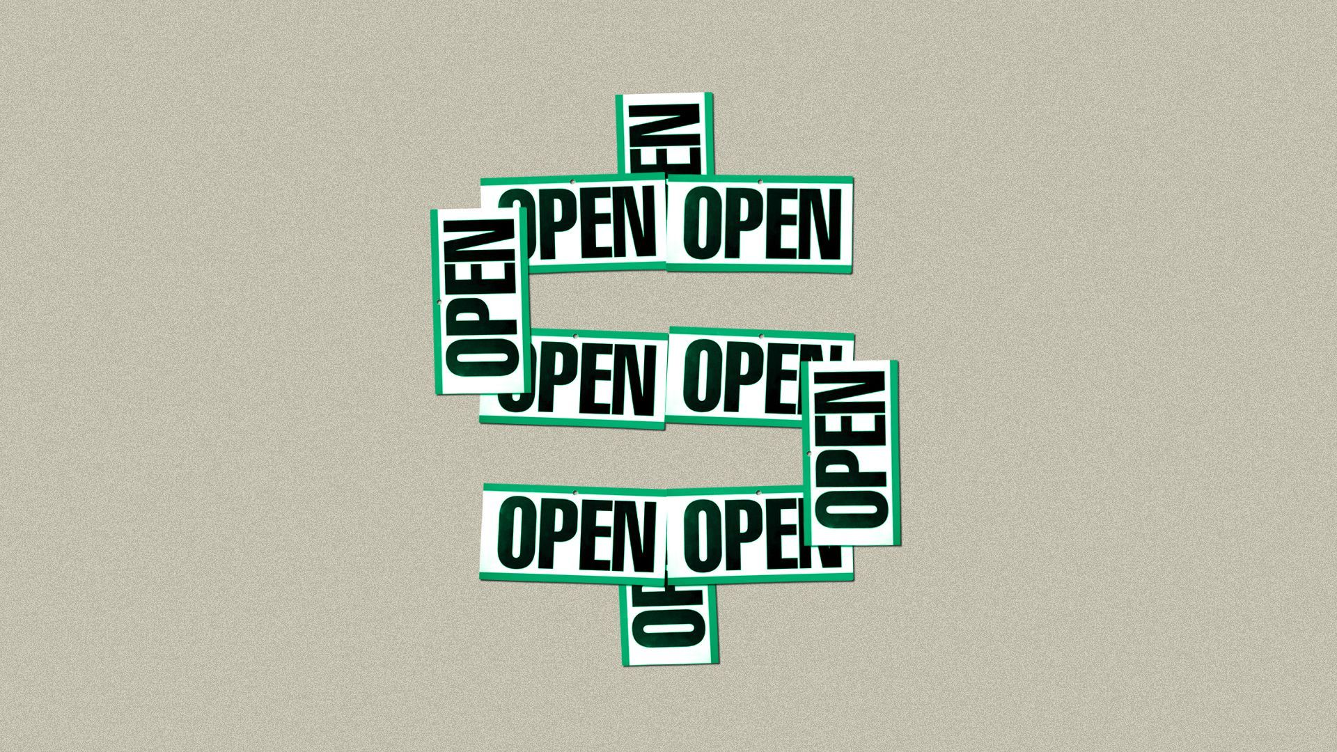 Illustration of a dollar sign made out of signs saying "open."