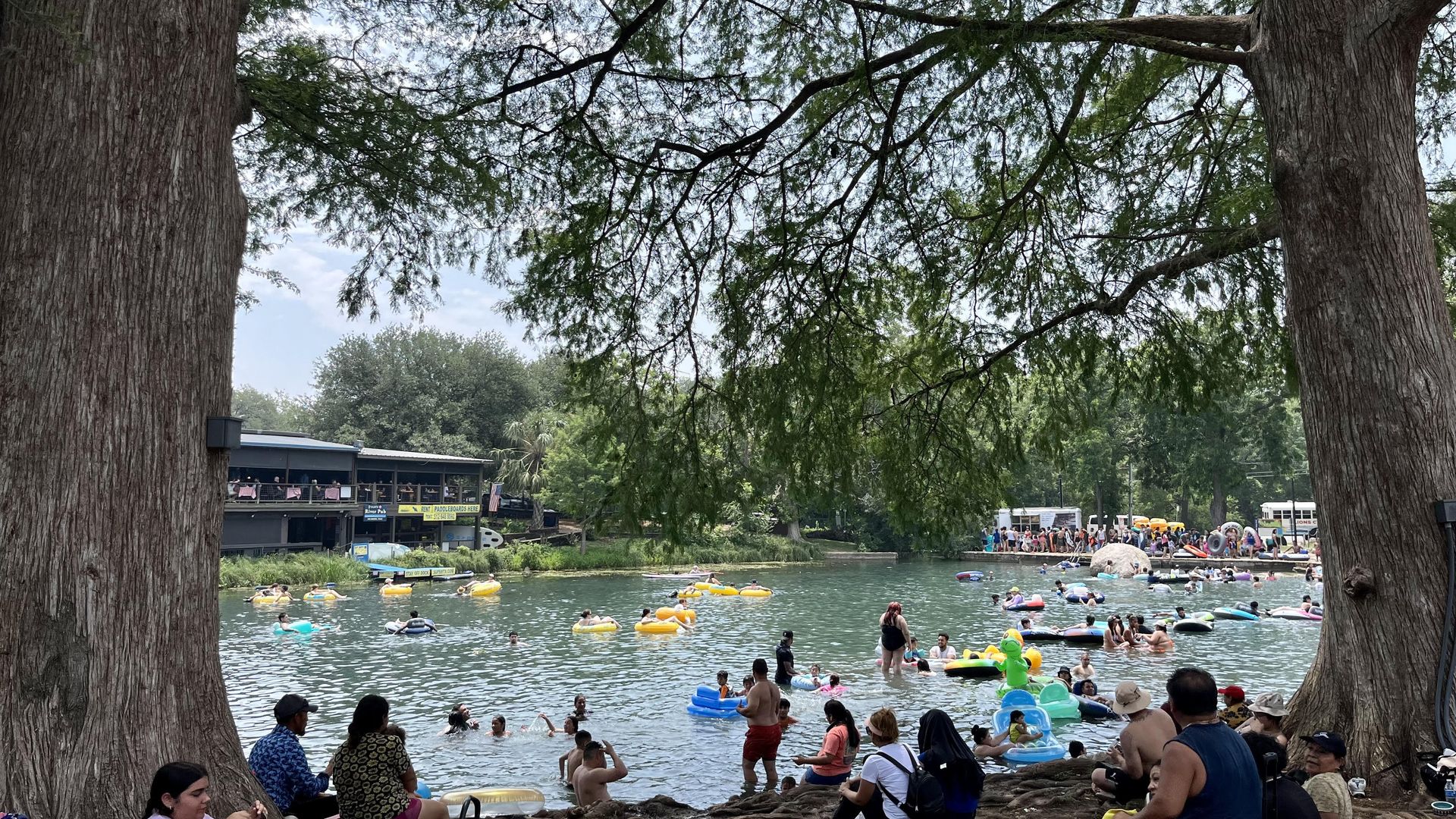 People gather on a shaded bank of the San Marcos River.