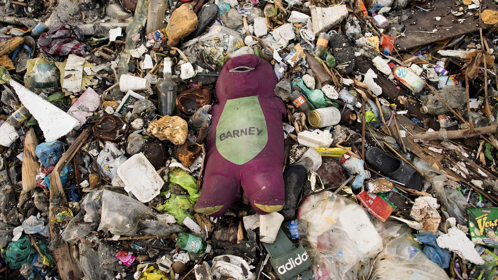 Photo of a Barney figurine sitting in a pile of trash