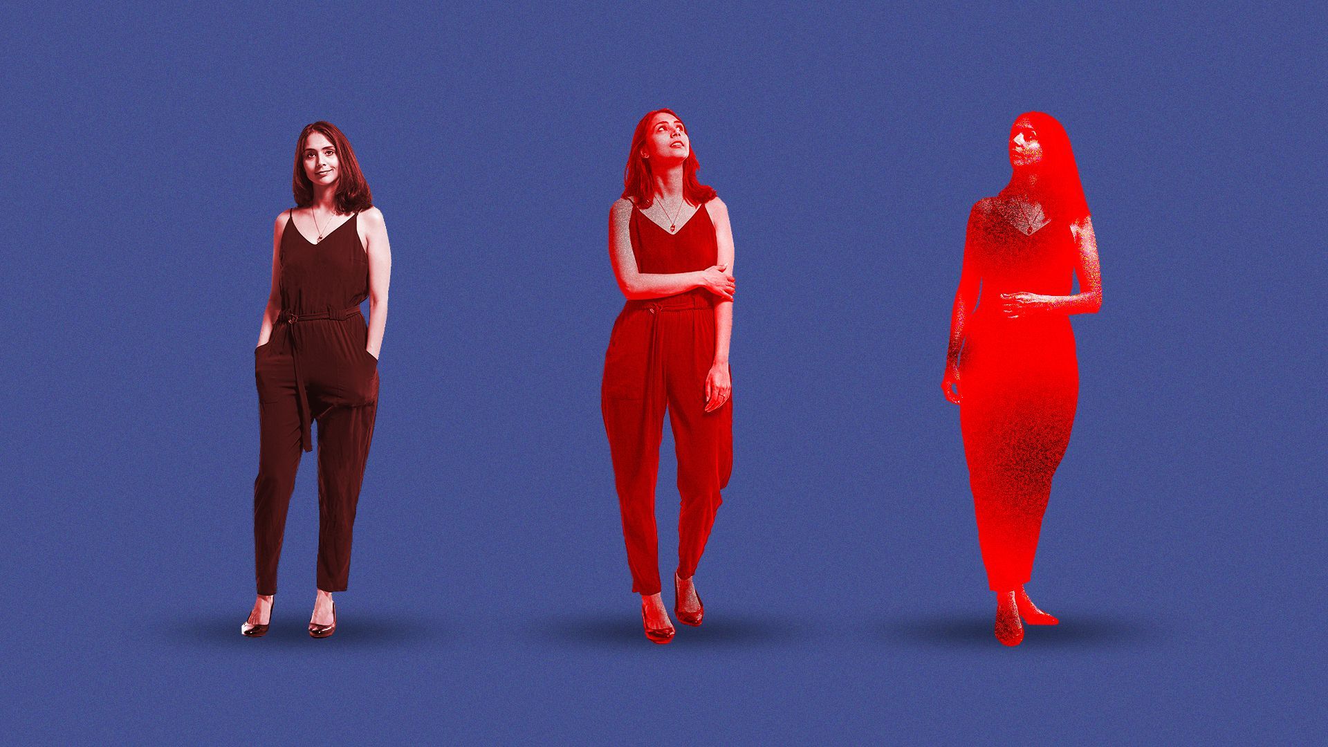 Illustration of a woman pictured three times, getting redder and more obscured in each pose.