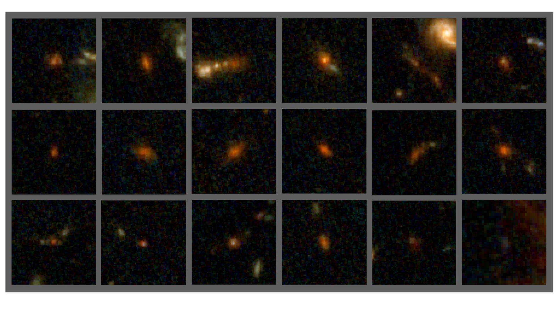 A composite of space photos showing red dots that are actually 18 of the recently discovered dusty, star-forming galaxies that formed nearly 13 billion years ago and are no longer active. 