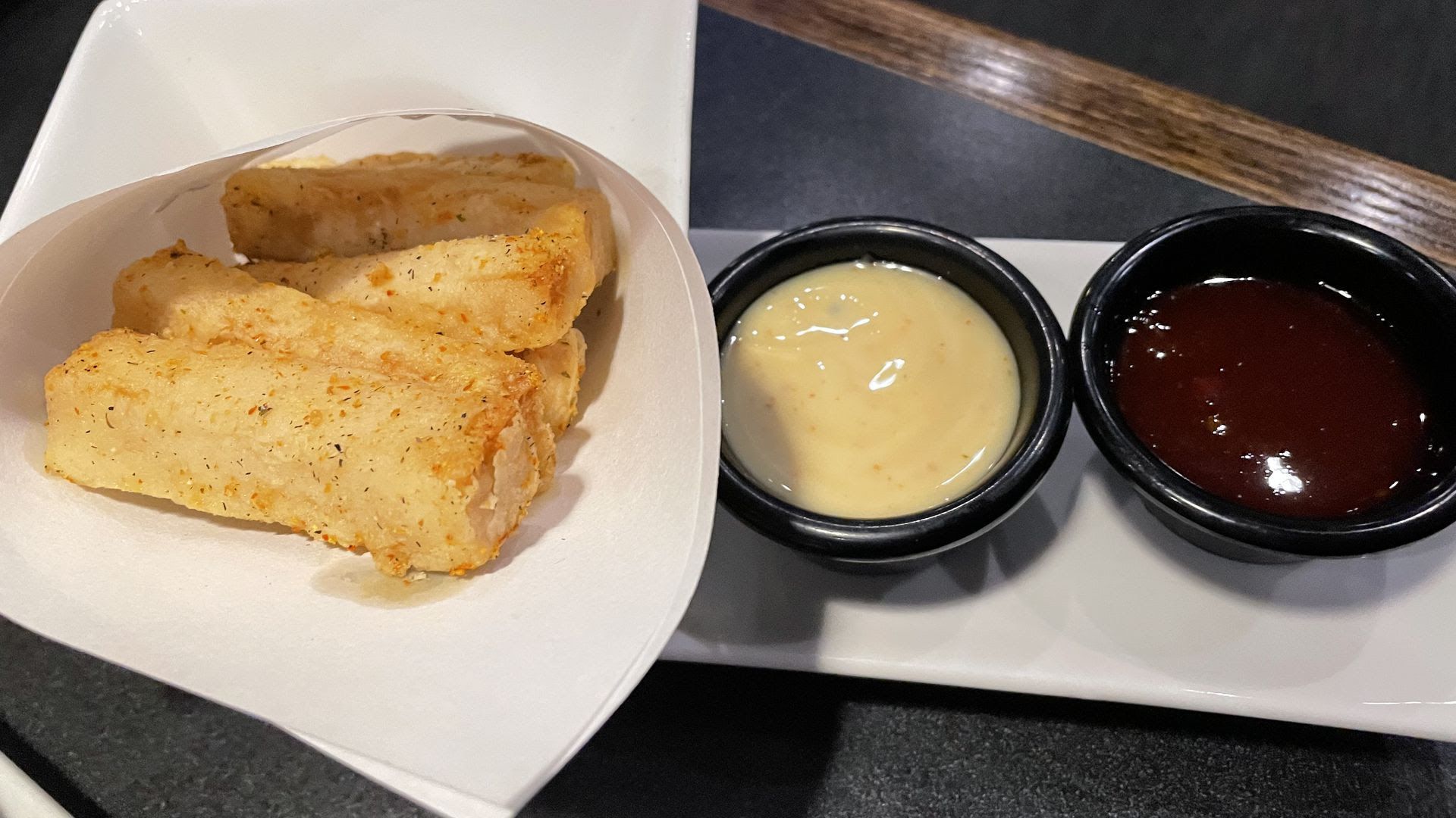 Tofu fries with two dipping sauces.