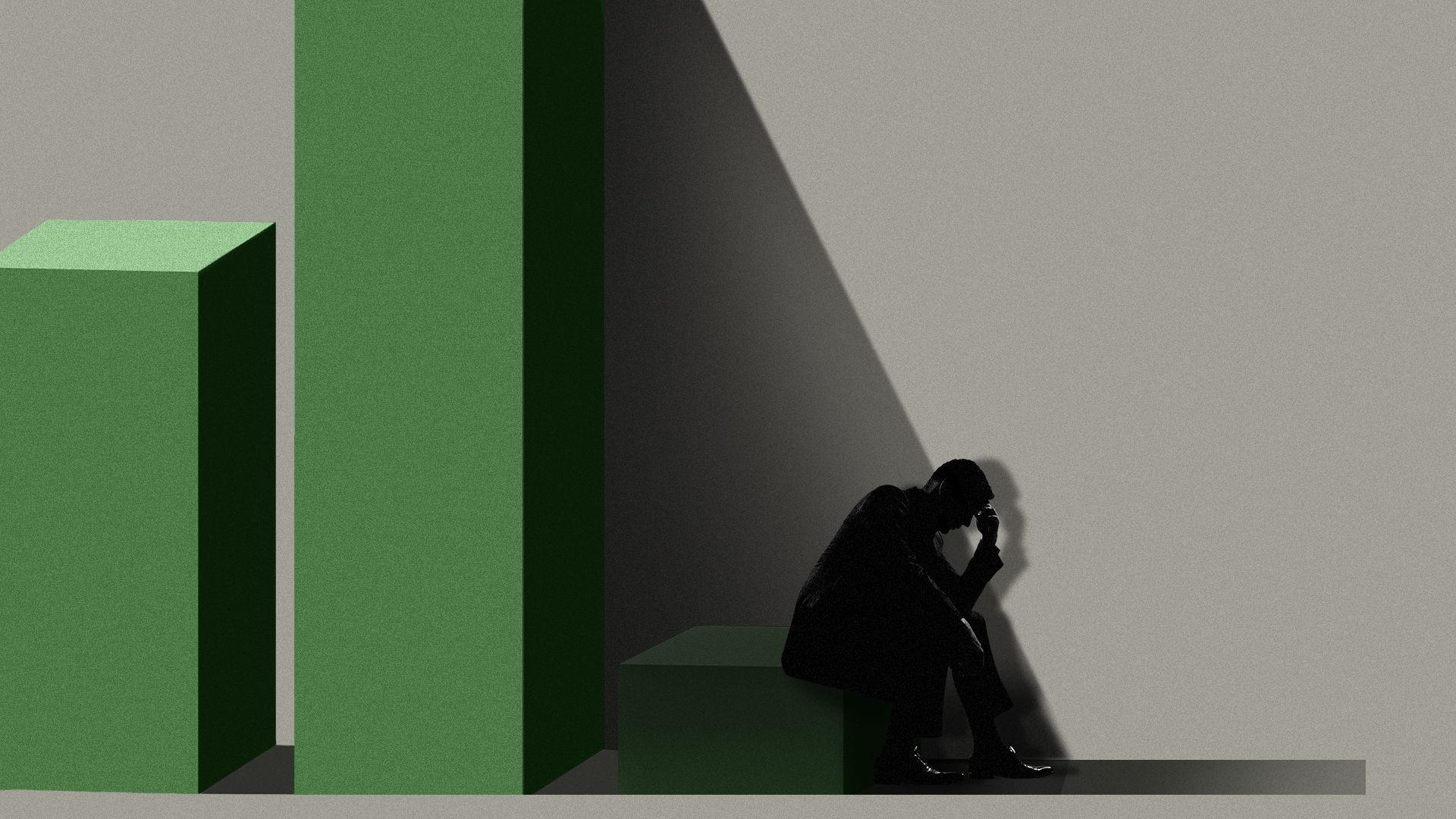 Illustration of an anxious man sitting in the shadows of a bar chart.