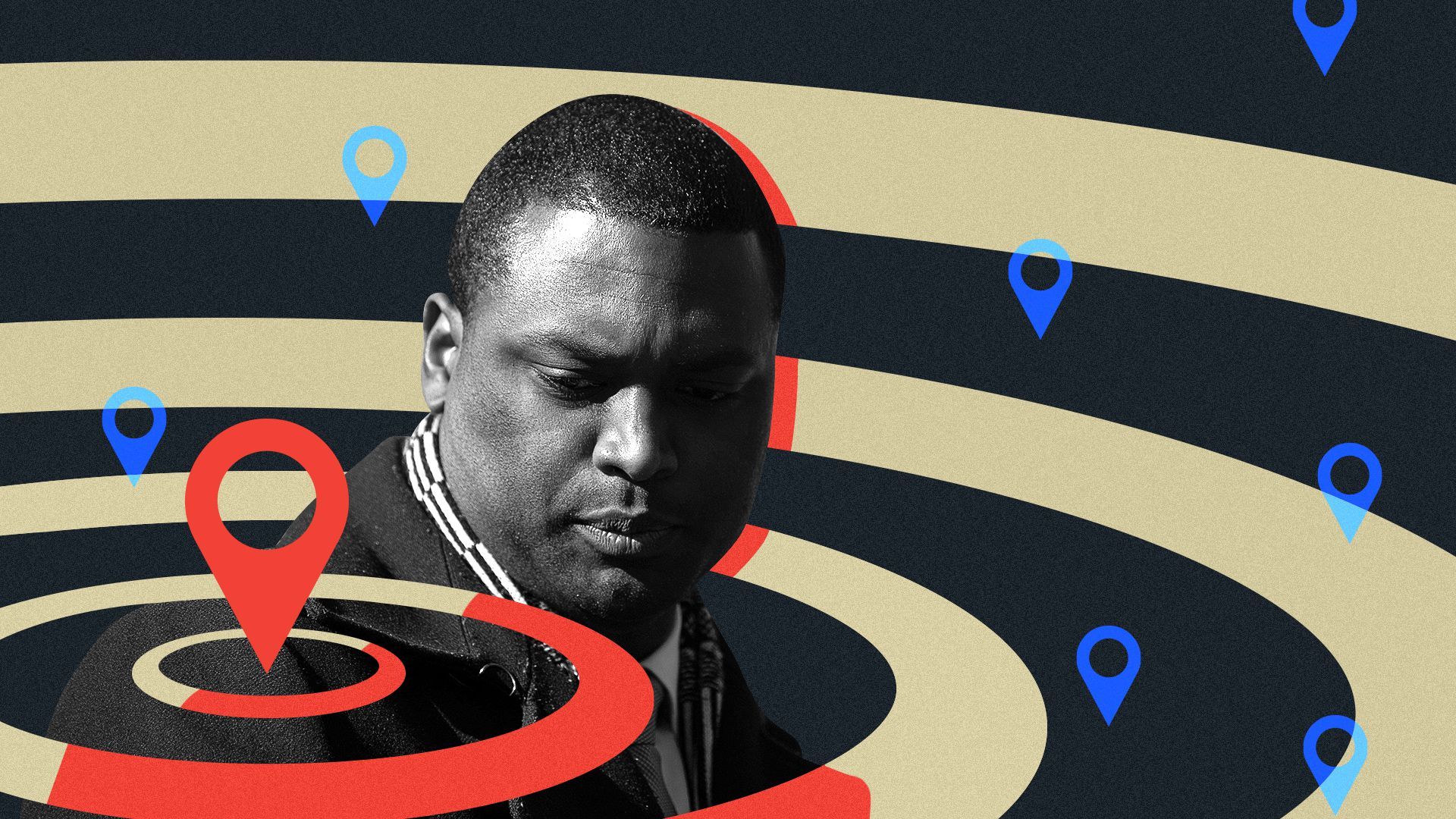 Photo illustration of Rep. Mondaire Jones surrounded by abstract navigation icon shapes.