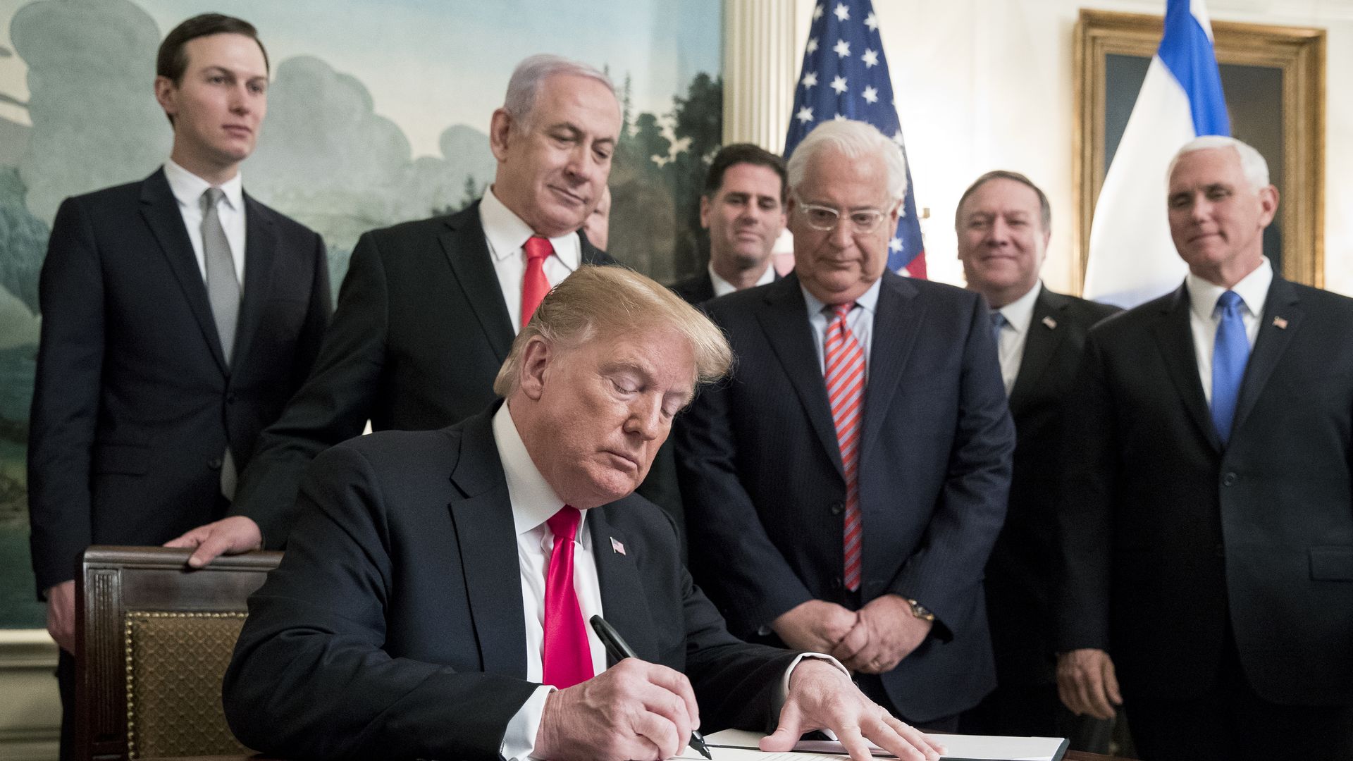 Trump signing a proclamation with Israeli leaders