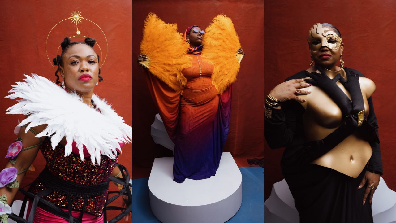 Triptych of bold fashion: left in sequined burgundy with white feather collar and halo; center in orange-to-purple gradient gown with large orange feathers; right in gold mask and black ensemble.