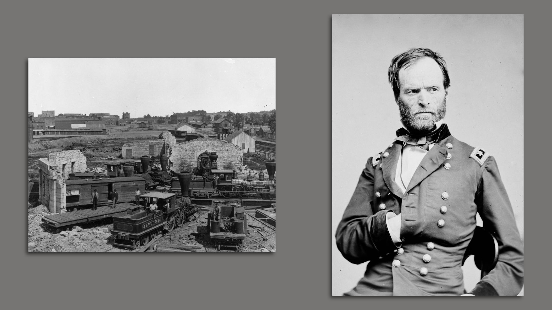 The Atlanta train roundhouse was destroyed after the Union occupation; Gen. William T. Sherman. Photos: MPI/Getty Images; Matthew Brady/Buyenlarge/Getty Images
