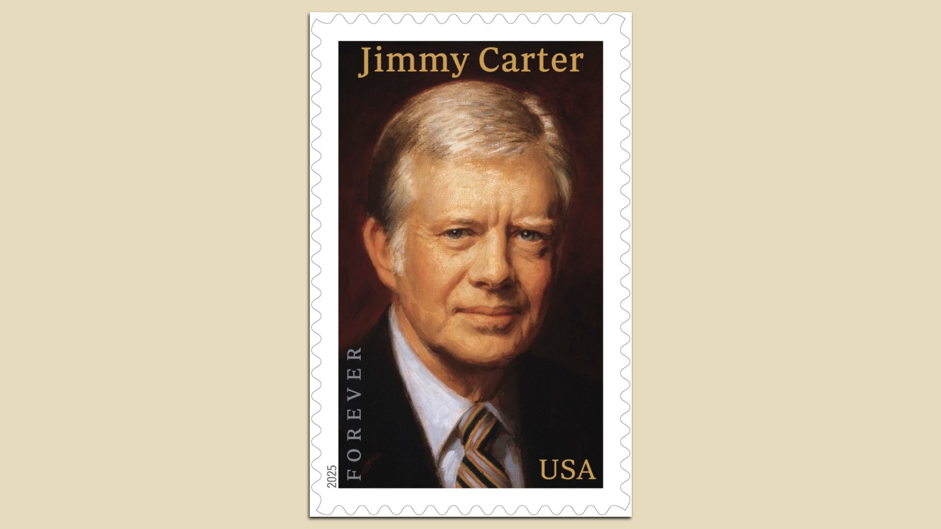 2025 USA Forever stamp featuring a portrait of Jimmy Carter wearing a dark suit and striped tie with a warm dark background.