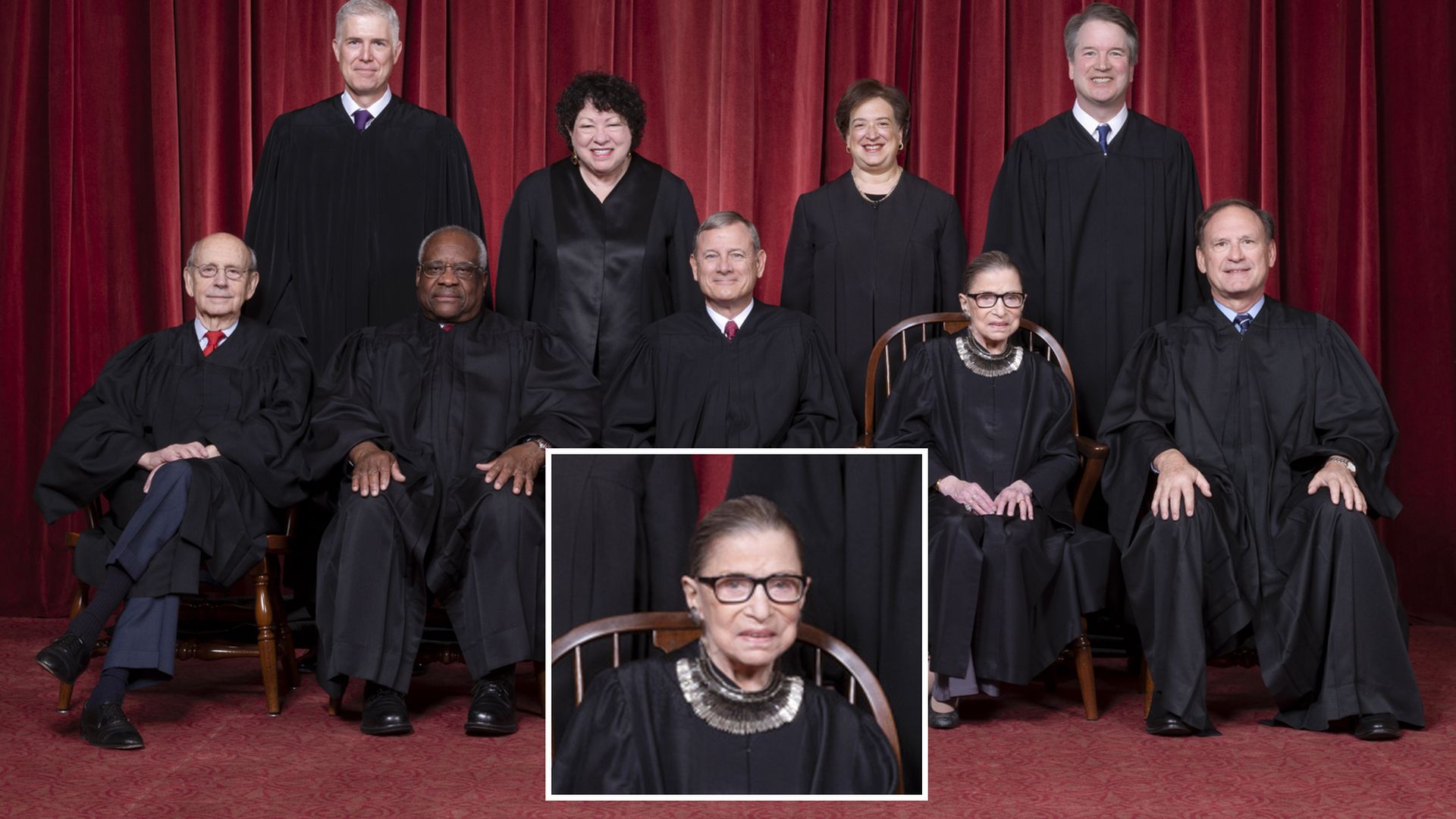 Supreme Court portrait in 2018 that shows Ruth Bader Ginsburg's collar 