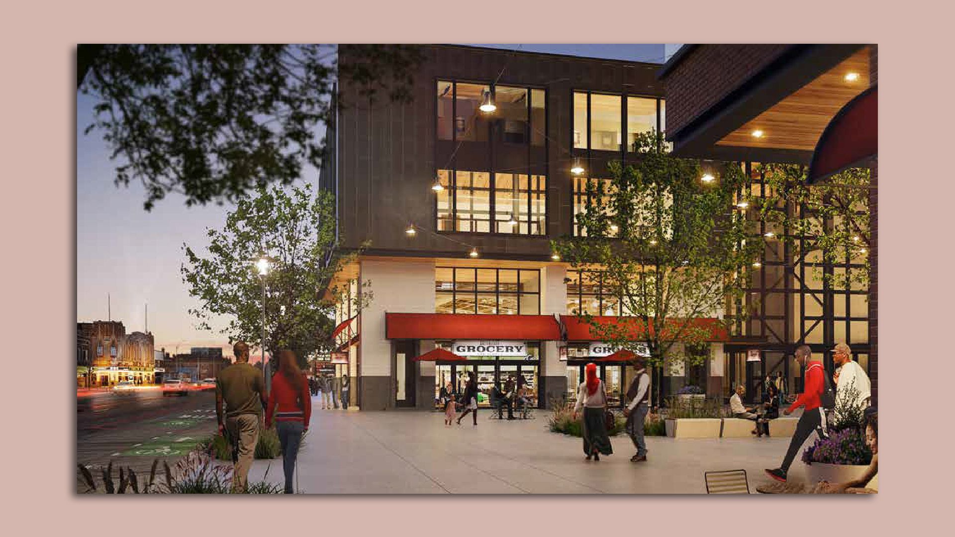 A rendering shows a grocery store along Jefferson with lights and people walking.