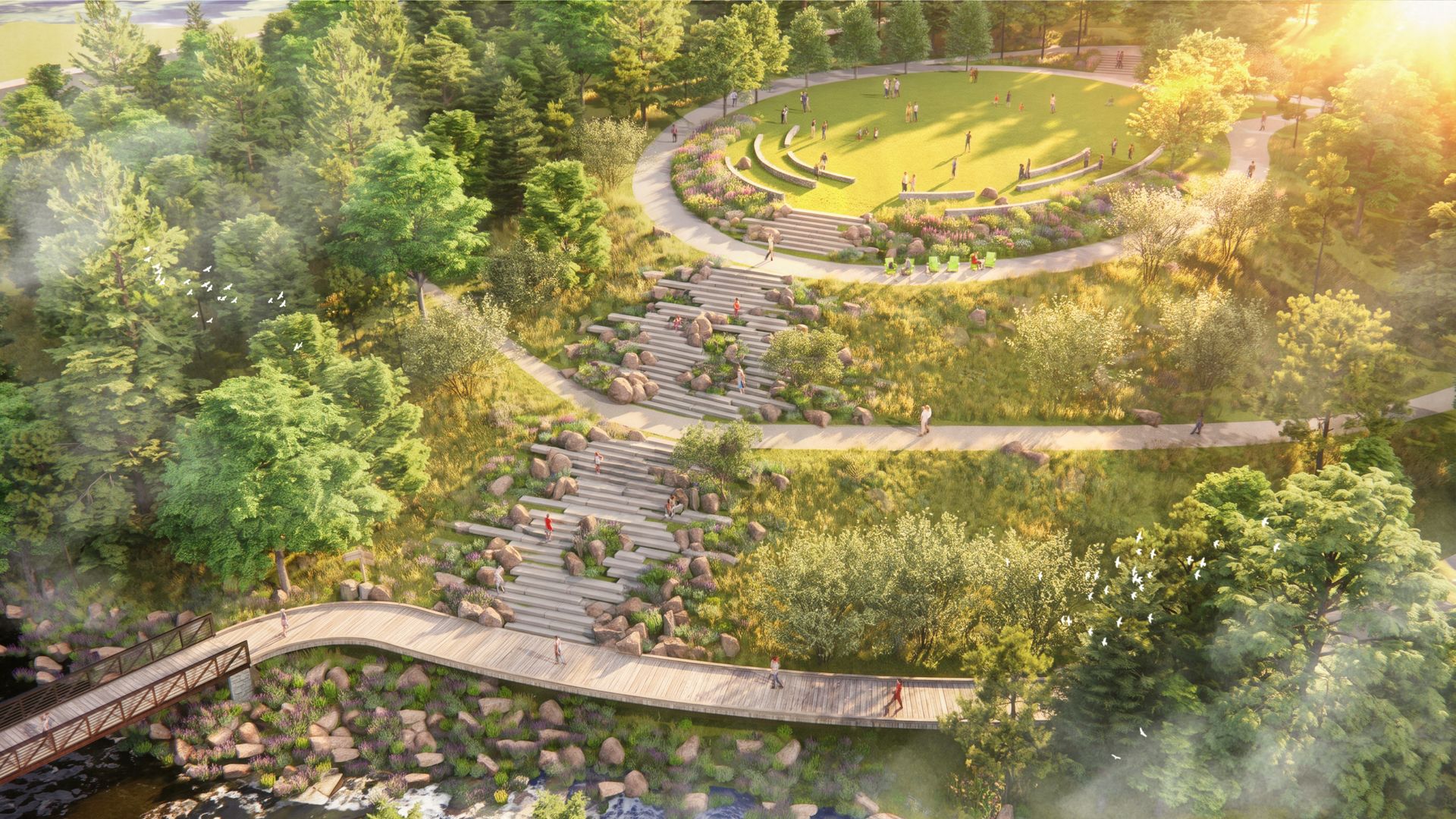 Top-down view of a sunlit park: circular grassy terraces with benches and flowerbeds, winding stone steps, people strolling, dense trees on the left, and a wooden bridge over a stream.