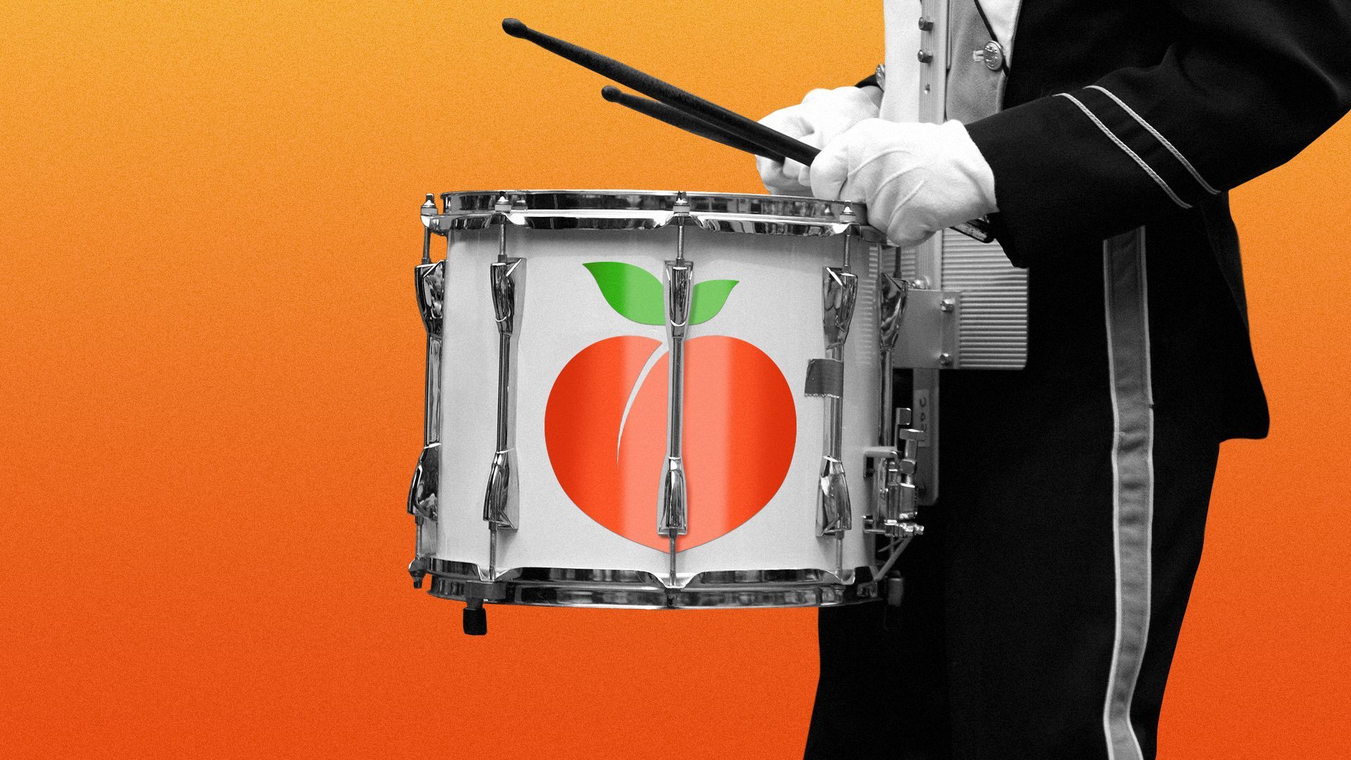 Illustration of a peach graphic on a marching band member's snare drum.
