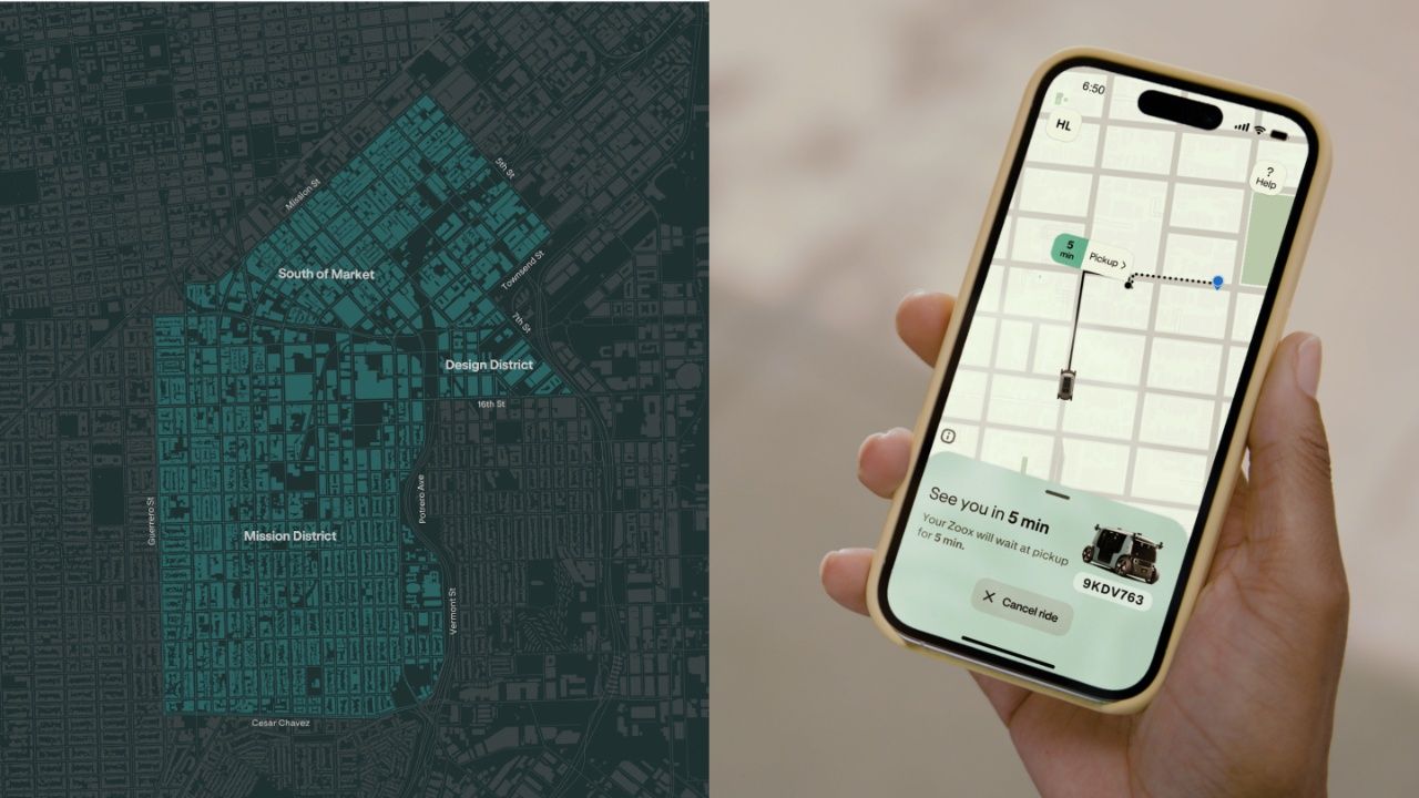 Left: map highlights South of Market, Mission District, and Design District in blue. Right: hand holds phone showing ride app with a car en route, pickup in 5 min and option to cancel ride.